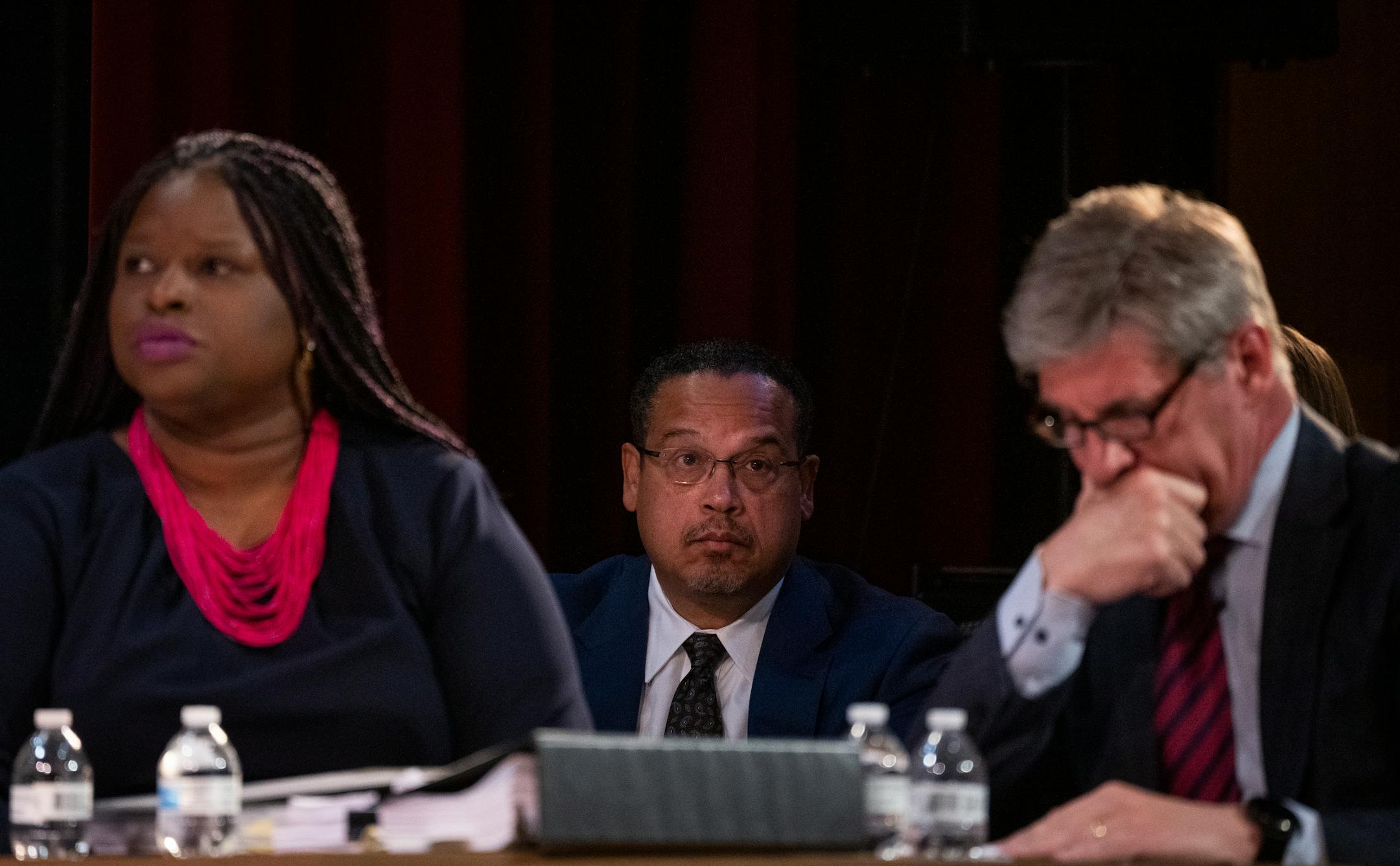 Attorney General Keith Ellison, representing the state-respondent, listened as the Minnesota Supreme Court heard oral arguments in the case Cruz-Guzman v. State of Minnesota at Richfield High School.