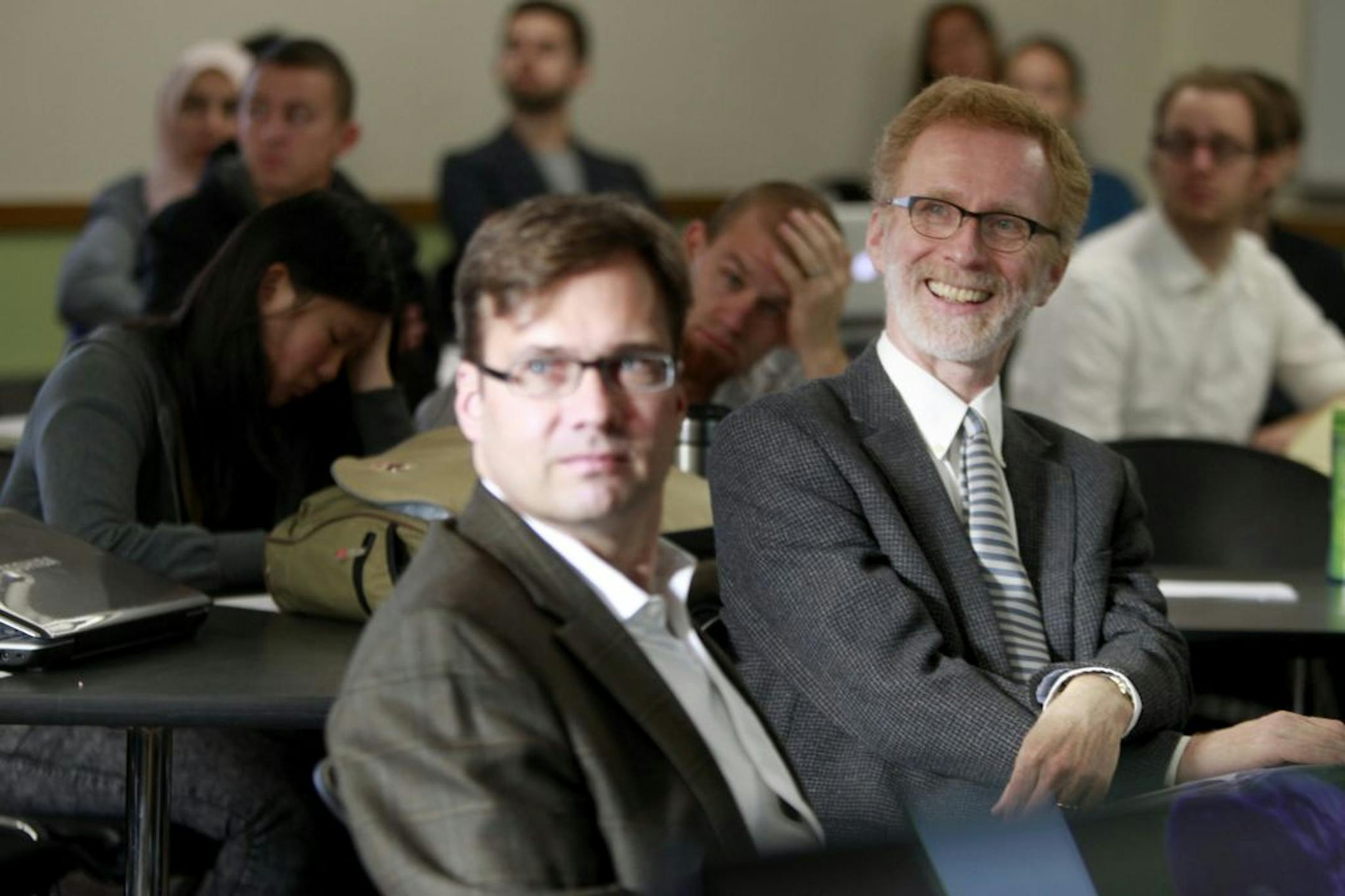 Tom Fisher, right, dean of the U's College of Design, "flipped" his course, Principles of Design Theory, this fall and likes the result.