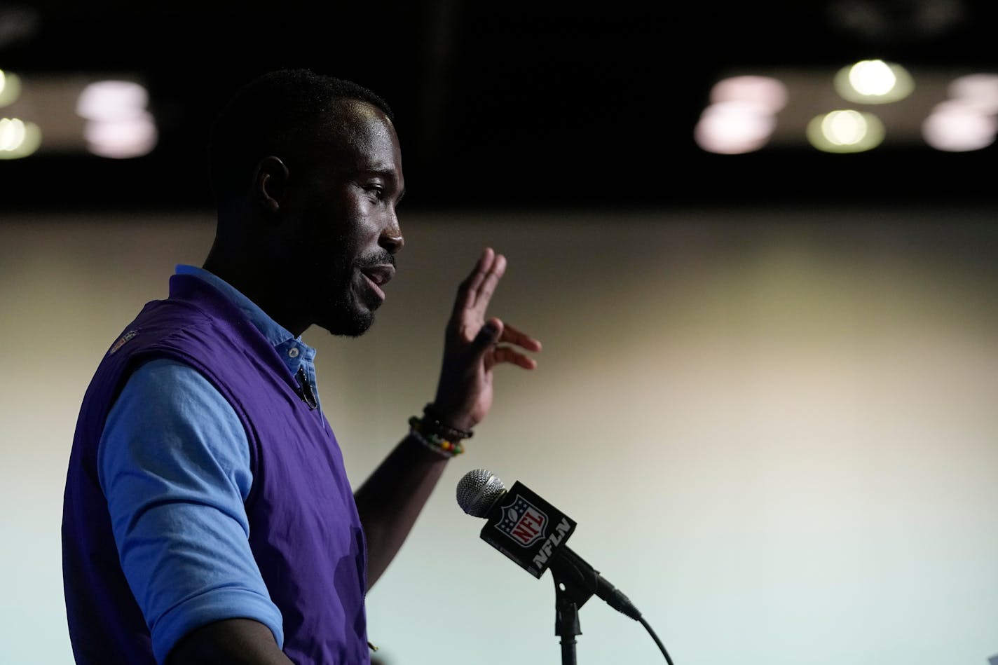 Minnesota Vikings general manager Kwesi Adofo-Mensah speaks during a news conference at the NFL football scouting combine, Tuesday, Feb. 28, 2023, in Indianapolis. (AP Photo/Darron Cummings)