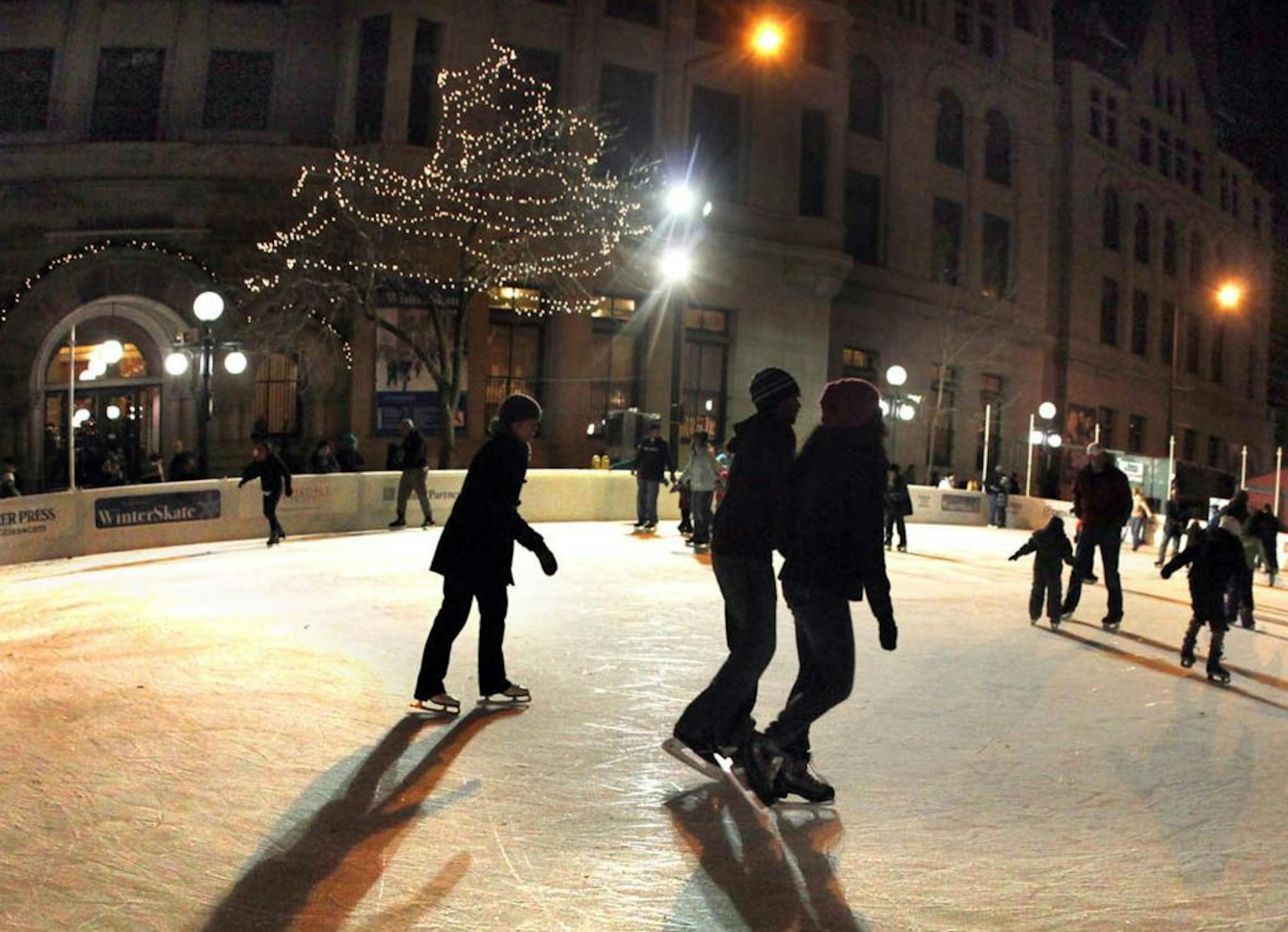 Lights decorate a tree next to the WinterSkate rink at Landmark Center in downtown St. Paul at the rink's 2011 grand opening.