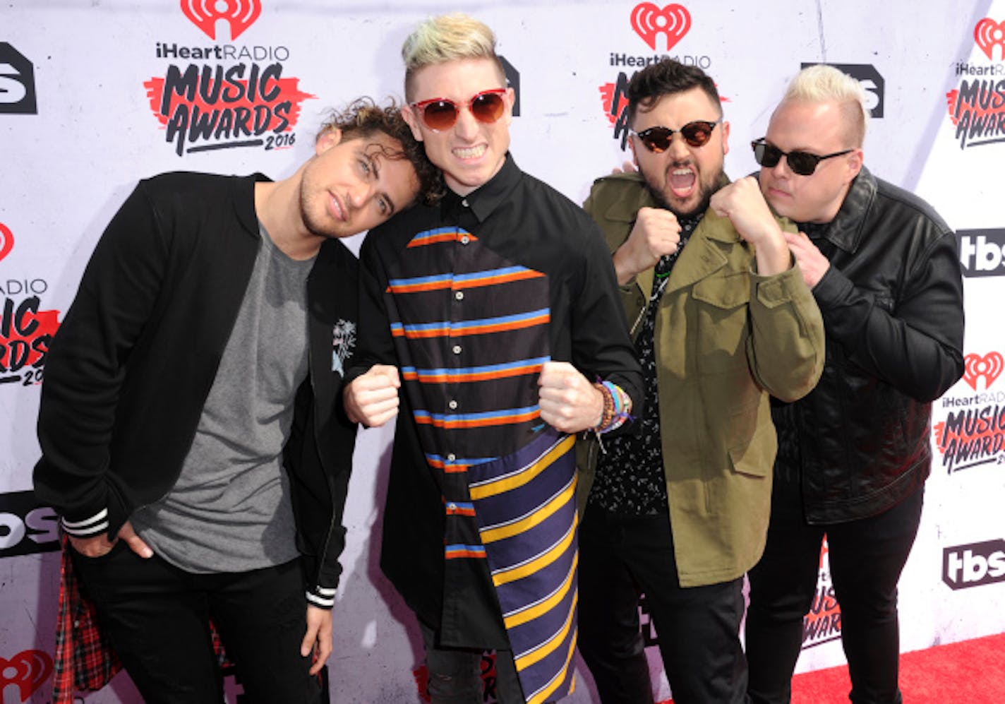 Nick Petricca, second from left, with Walk the Moon last weekend in Los Angeles. (Photo by Richard Shotwell/Invision/AP)