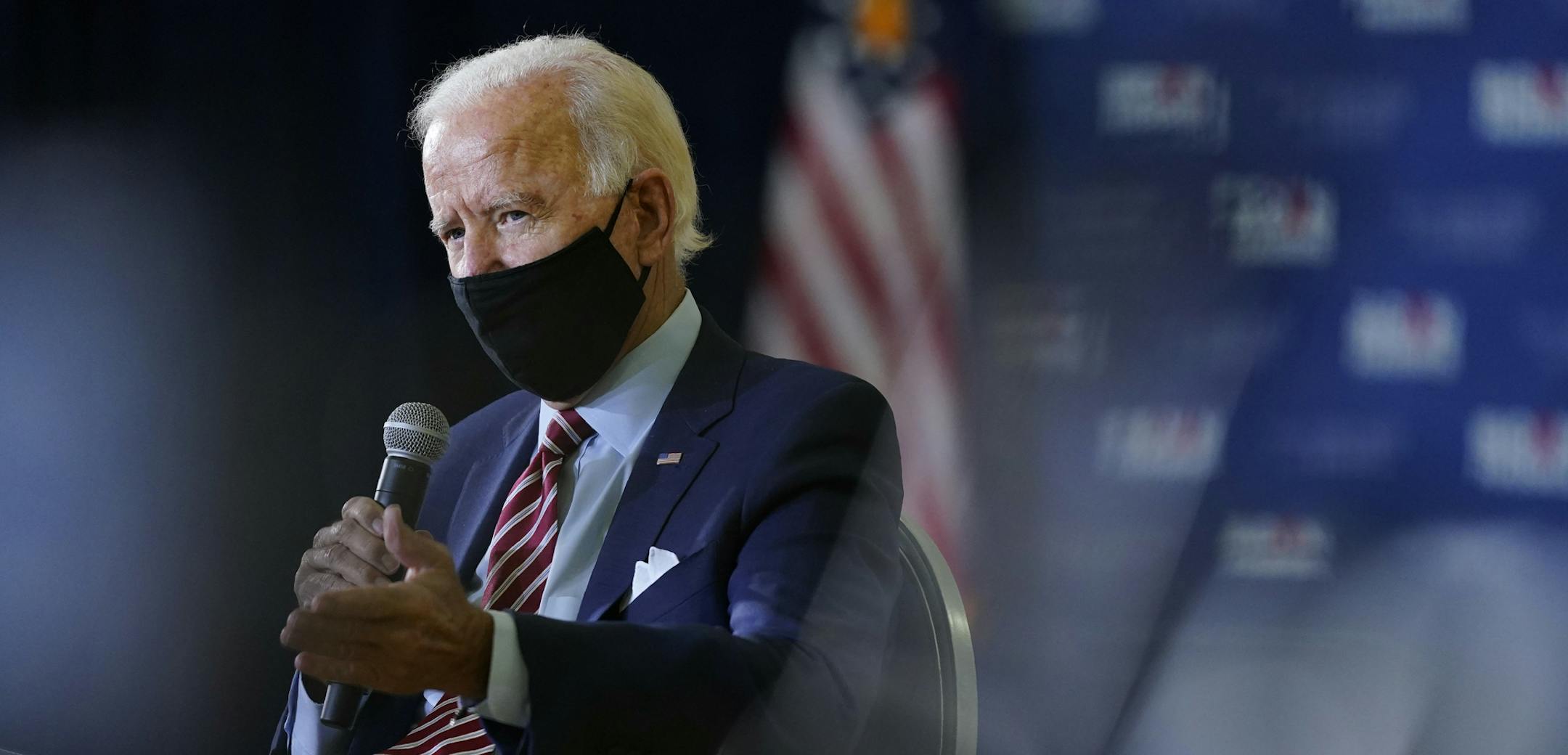 Democratic presidential candidate former Vice President Joe Biden speaks during a roundtable discussion with veterans, Tuesday, Sept. 15, 2020, at Hillsborough Community College in Tampa, Fla. (AP Photo/Patrick Semansky)