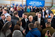 President Joe Biden talked with guests after giving a speech at Dutch Creek Farms in Northfield, Minn., on Nov. 1.