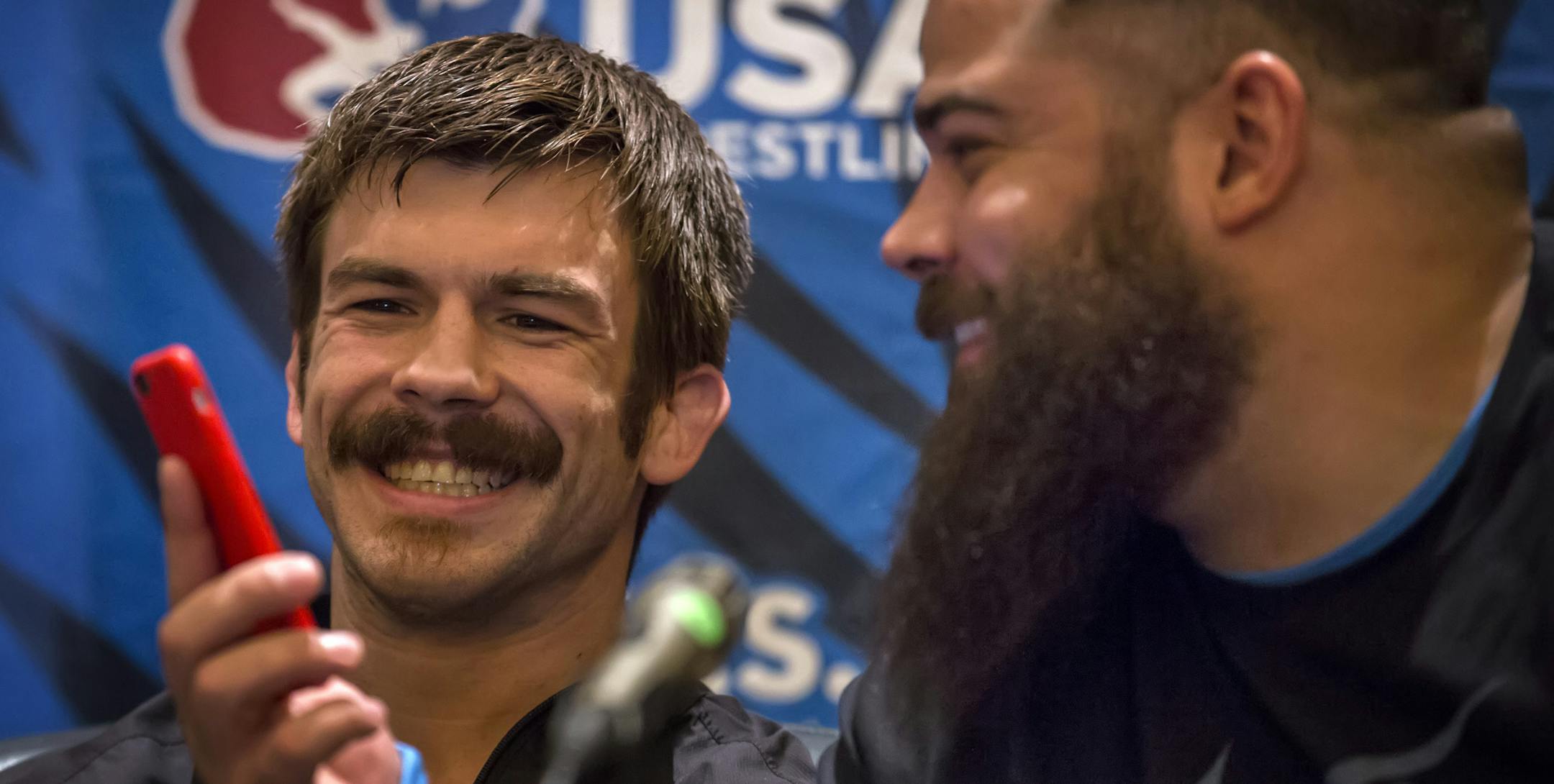 Andy Bisek, joking with heavyweight Robby Smith at the U.S. trials, is ranked No. 5 in the world in his weight class.