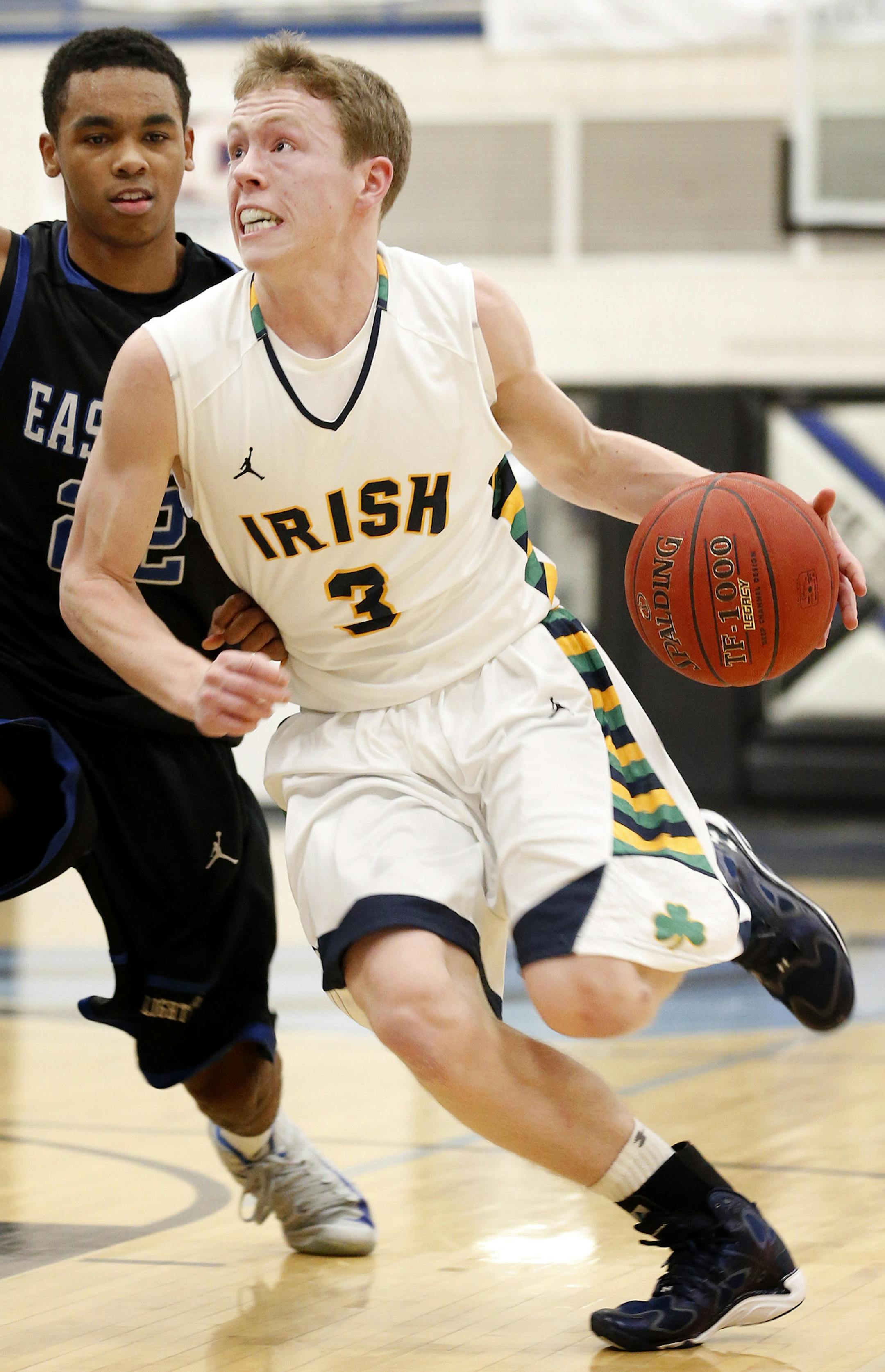 Rosemount guard Garrett Goetz, (3), drove to the basket during a game vs. Eastview. Goetz's father Paul Goetz is the coach at Eastview. ] CARLOS GONZALEZ cgonzalez@startribune.com - January 7, 2013, Apple Valley, Minn., Eastview vs. Rosemount High School boys' basketball game, Eastview and Rosemount boys' basketball teams play at Eastview High School. It will be the first time Eastview coach Paul Goetz goes against his son, Garrett, at Rosemount