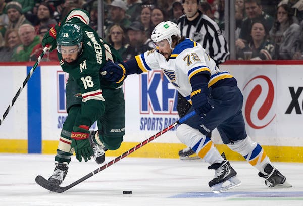 Jordan Greenway (18) of the Wild. above vs. the Blues last May,  is one of four forwards with an upper-body injury who won’t play vs. the Kraken on 