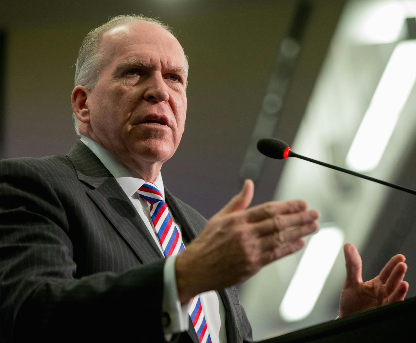 CIA Director John Brennan responds to a question as he speaks at the Global Security Forum 2015, Monday, Nov. 16, 2015, at the Center for Strategic and International Studies (CSIS) in Washington. (AP Photo/Andrew Harnik)