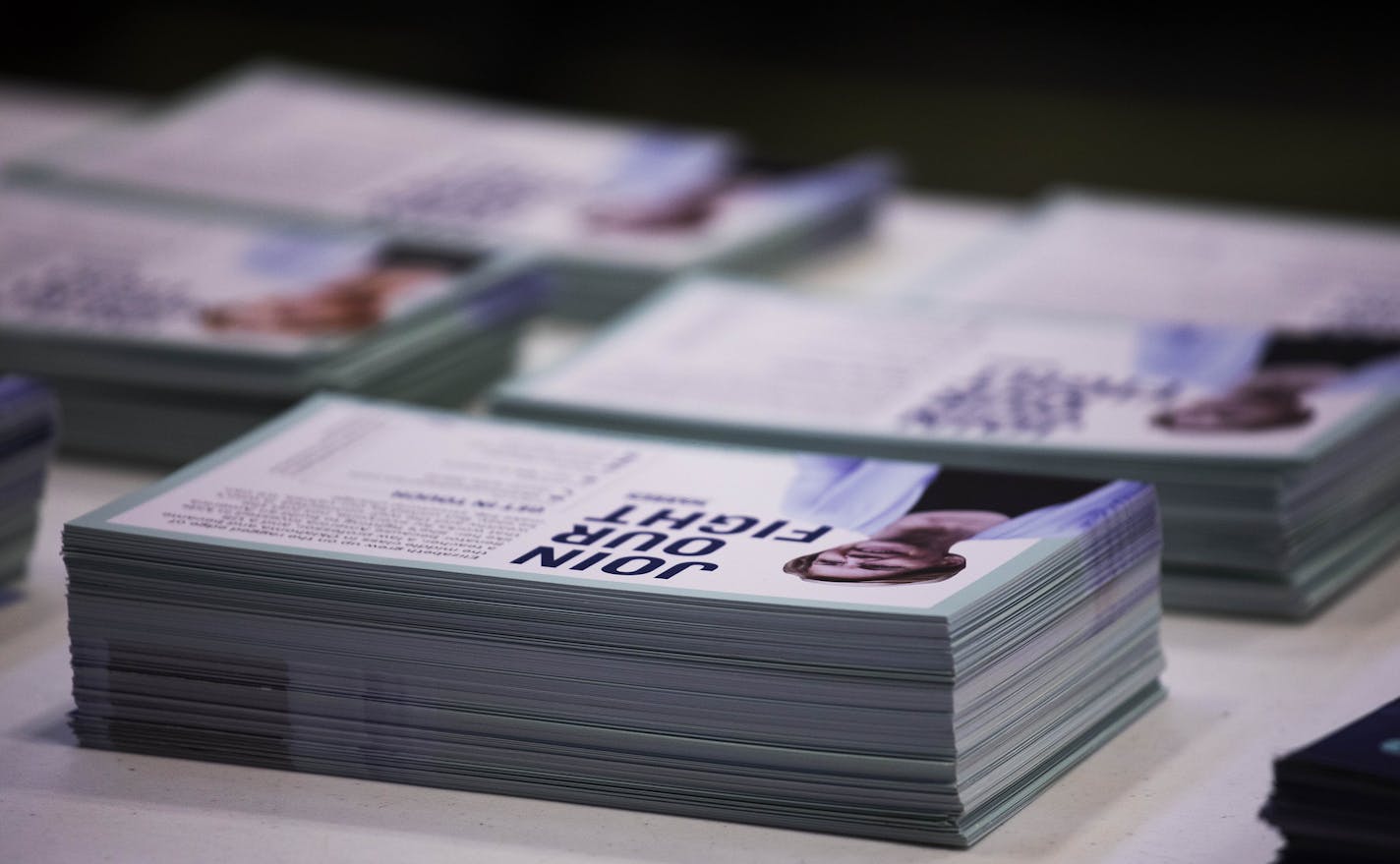 Campaign materials laid out as Sen. Elizabeth Warren (D-Mass.) spoke to volunteers at a canvassing event in Manchester, N.H., Saturday, Feb. 8, 2020. Most of the Democratic candidates were in New Hampshire ahead of the state's primary on Tuesday, Feb. 11. (Ruth Fremson//The New York Times)