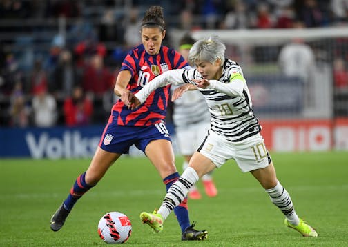 USWNT forward Carli Lloyd and South Korea midfielder Ji Soyun battle for the ball during the first half Tuesday