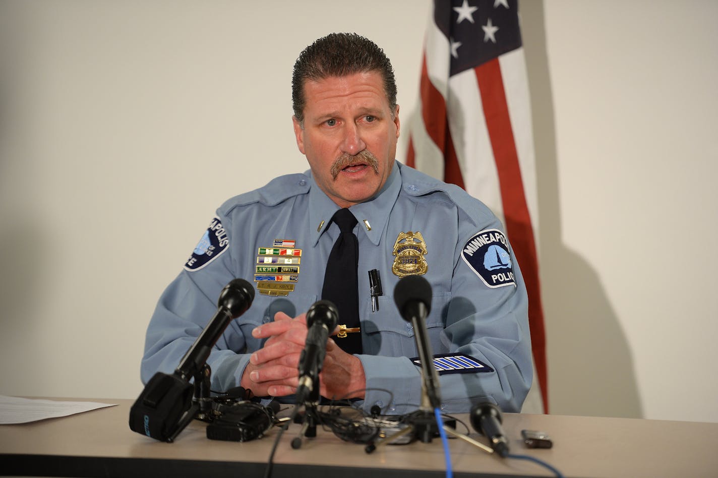 Minneapolis Police Union President Bob Kroll addressed the media Wednesday following the announcement that the two police officers involved in the shooting of Jamar Clark won't face charges. ] (AARON LAVINSKY/STAR TRIBUNE) aaron.lavinsky@startribune.com Minneapolis Police Union President Bob Kroll addressed the media Wednesday, March 30, 2016 at the Minneapolis Police Union Headquarters in Minneapolis, Minn. ORG XMIT: MIN1603301520282928