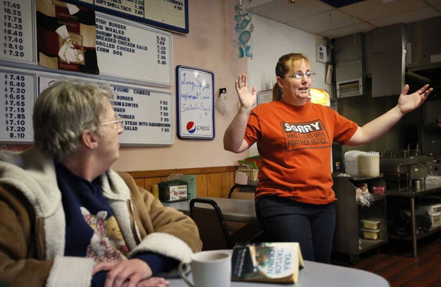 In Donna's Big Johns cafe in Little Falls, where opinions can run high, Hope Barton, right, and Mary Goerke discussed the case. Both said there is plenty of blame to go around in the shootings.