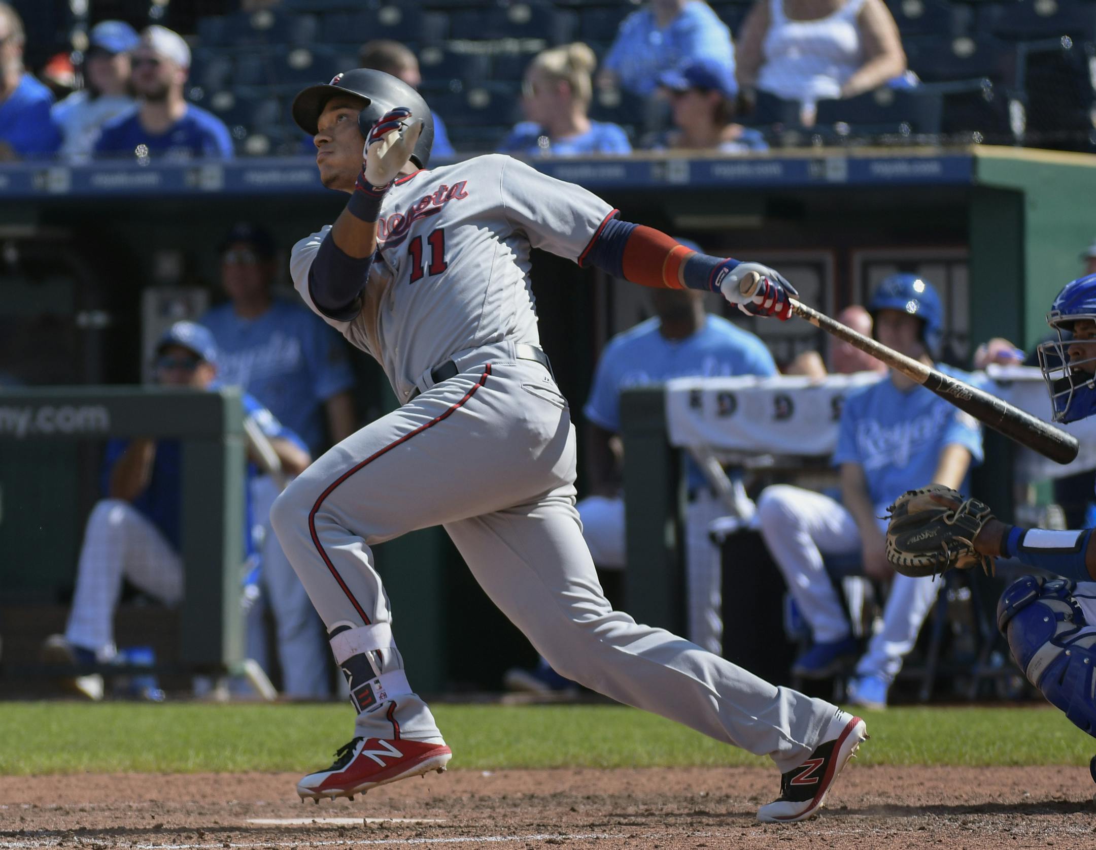 Minnesota Twins' Jorge Polanco hits a home run during the sixth inning of a baseball game against the Kansas City Royals in Kansas City, Mo., Sunday, Sept. 16, 2018. (AP Photo/Reed Hoffmann)