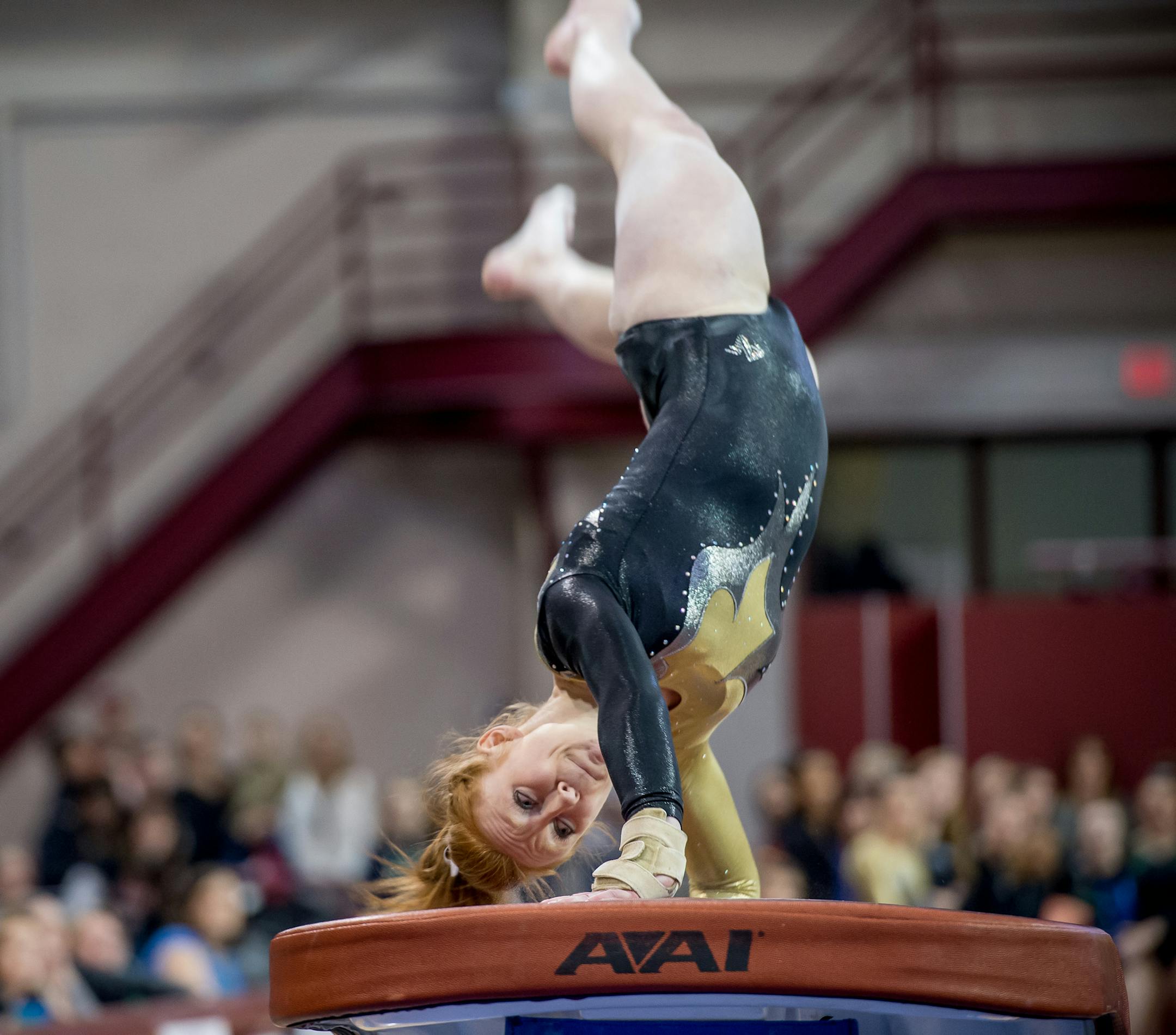 Megan Trollen of East Ridge, performs on the vault during the Minnesota State High School League Gymnastics Girls' State Meet on February 20, 2016 in Minneapolis, Minnesota.
