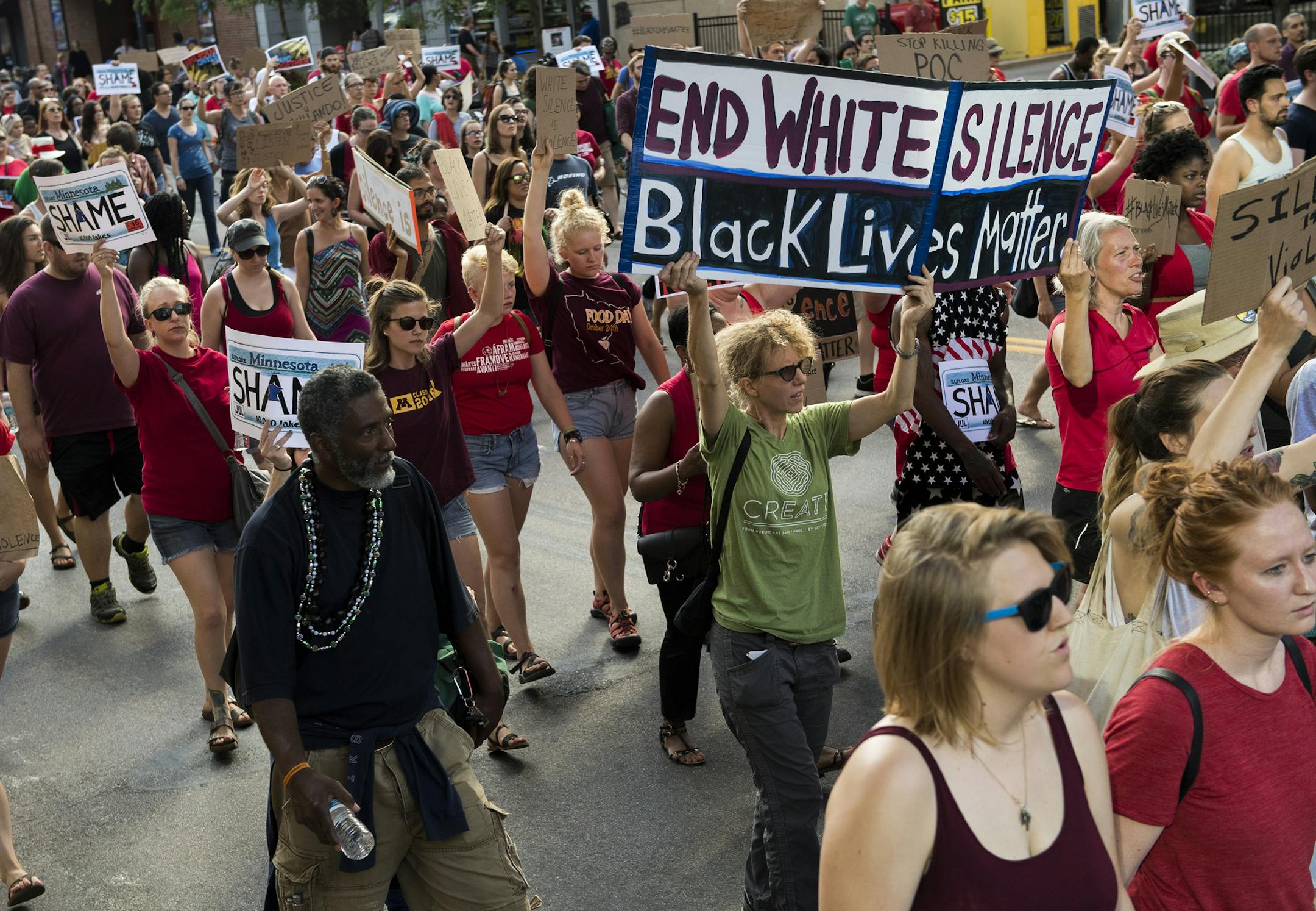 Protesters march after a gathering in Loring Park held by Black Lives Matter in Minneapolis, Saturday, July 9, 2016. (Isaac Hale/Star Tribune via AP)