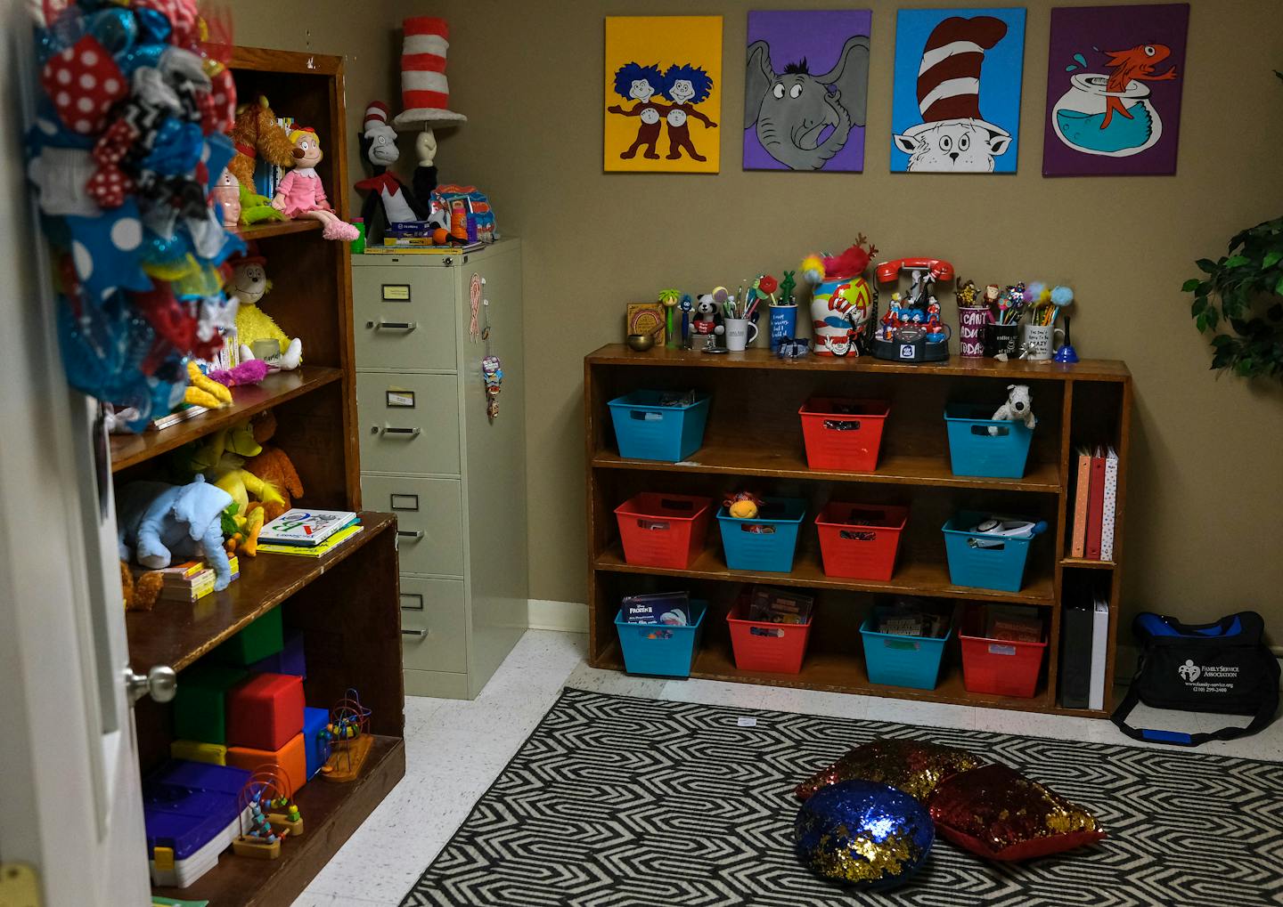 Stuffed animals and toys are available at the Family Service Clinical office in June 2022, in Uvalde, Tex., where teachers, students and others can ta