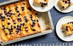 Buttermilk Sheet Cake With Peaches and Blueberries.