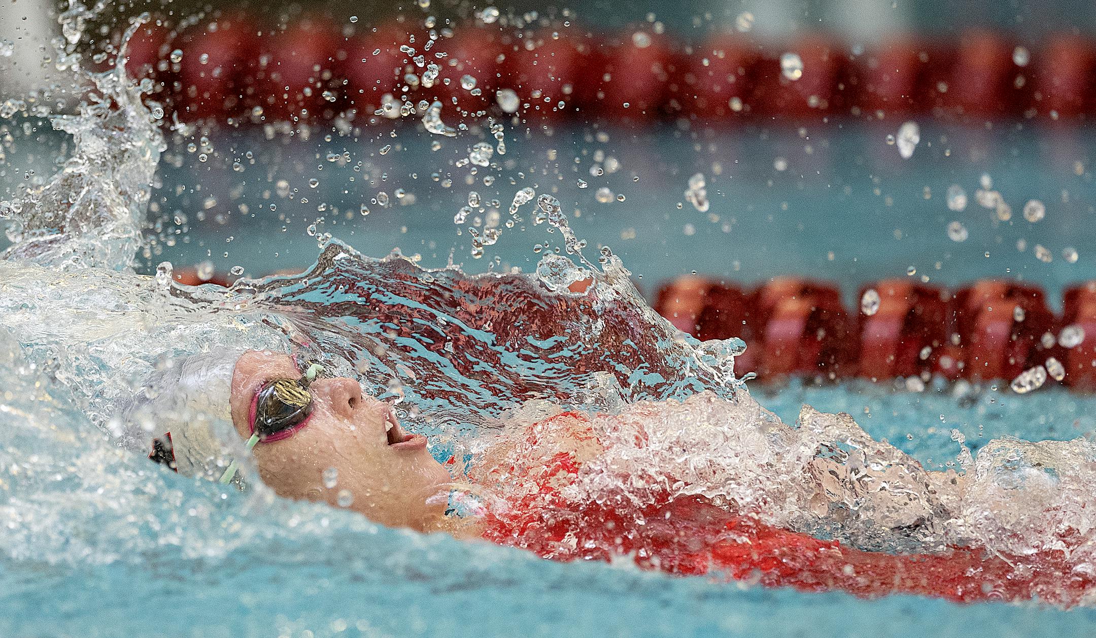 Monticello's McKenna Biegler competes in the Girls 200 yard freestyle during the Class 1A preliminaries of the girls swimming state meet at the Jane K Freeman Aquatic Center in Minneapolis, Minn., on Friday, Nov. 17, 2023. ] Elizabeth Flores • liz.flores@startribune.com
