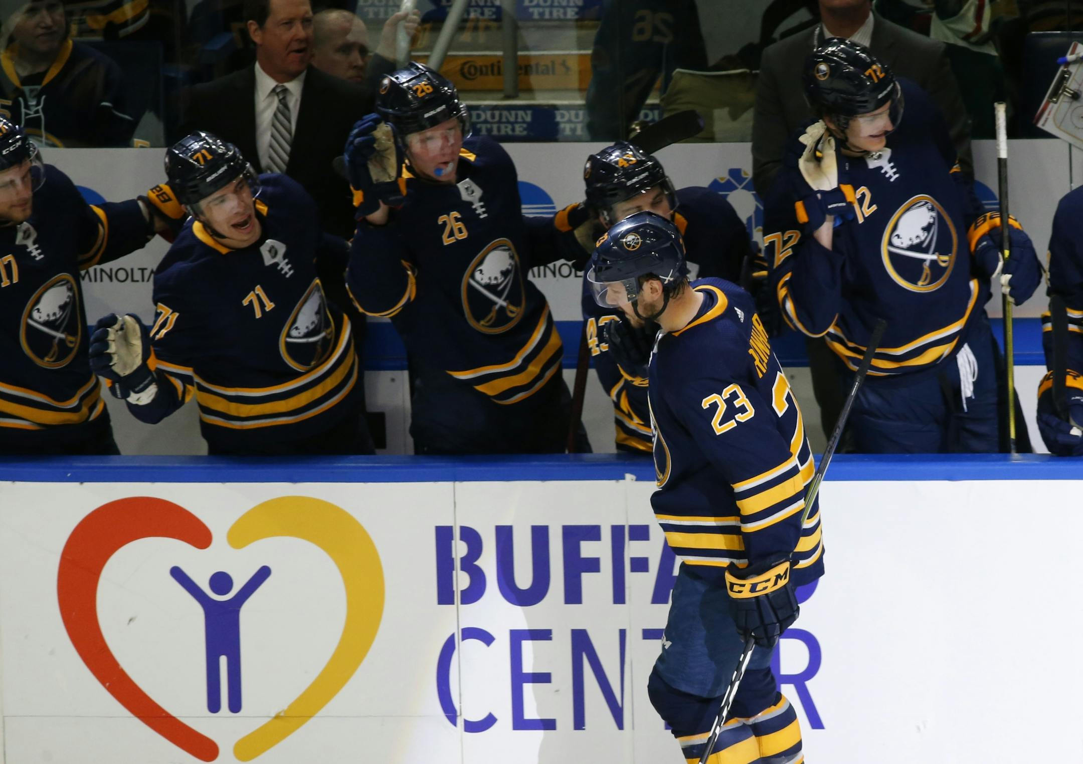 Buffalo Sabres forward Sam Reinhart (23) celebrates his shootout goal following the third period of an NHL hockey game against the Minnesota Wild, Tuesday, Feb. 5, 2019, in Buffalo N.Y.