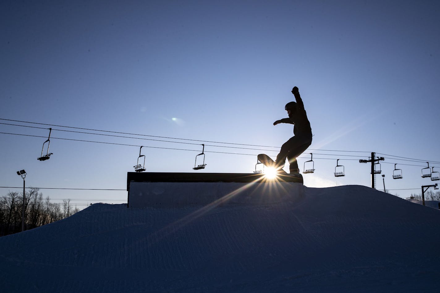 A snowboarder jumped up on an obstacle at the Spirit Mountain terrain park in December.
ALEX KORMANN &#x2022; alex.kormann@startribune.com