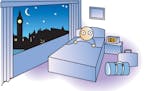 300 dpi 3 col x 4.25 in / 146x108 mm / 497x367 pixels Noah Musser color illustration of sleepless traveler lying wide-awake in London hotel room at 3 