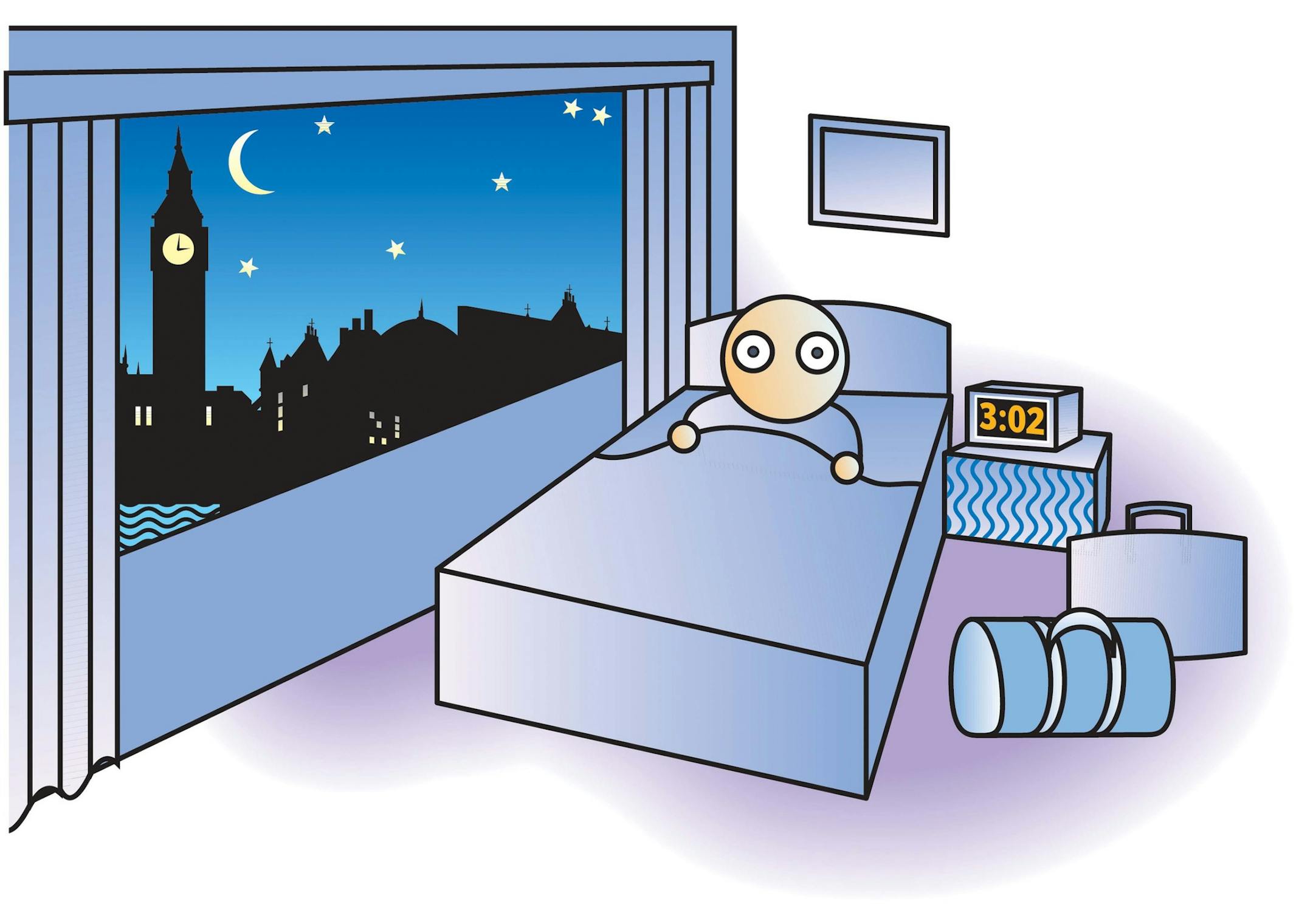 300 dpi 3 col x 4.25 in / 146x108 mm / 497x367 pixels Noah Musser color illustration of sleepless traveler lying wide-awake in London hotel room at 3 a.m. The Kansas City Star 2005 <p> KEYWORDS: jet lag jetlag international travel sleep sleepless sleeping awake insomnia london big ben traveler hotel room krtfeatures features krtnational national krtworld world krthealth health krtsleep krttravel travel krt kc contributor musser coddington viajes dormir durmiente insomne retraso illustration ilus
