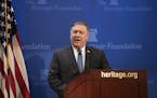 Secretary of State Mike Pompeo speaks at the Heritage Foundation, a conservative public policy think tank, in Washington, Monday, May 21, 2018. Pompeo
