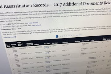 Part of a web page showing the page from the National Archives showing a listing of records released on Thursday, Oct. 26, 2017, in Washington, relati