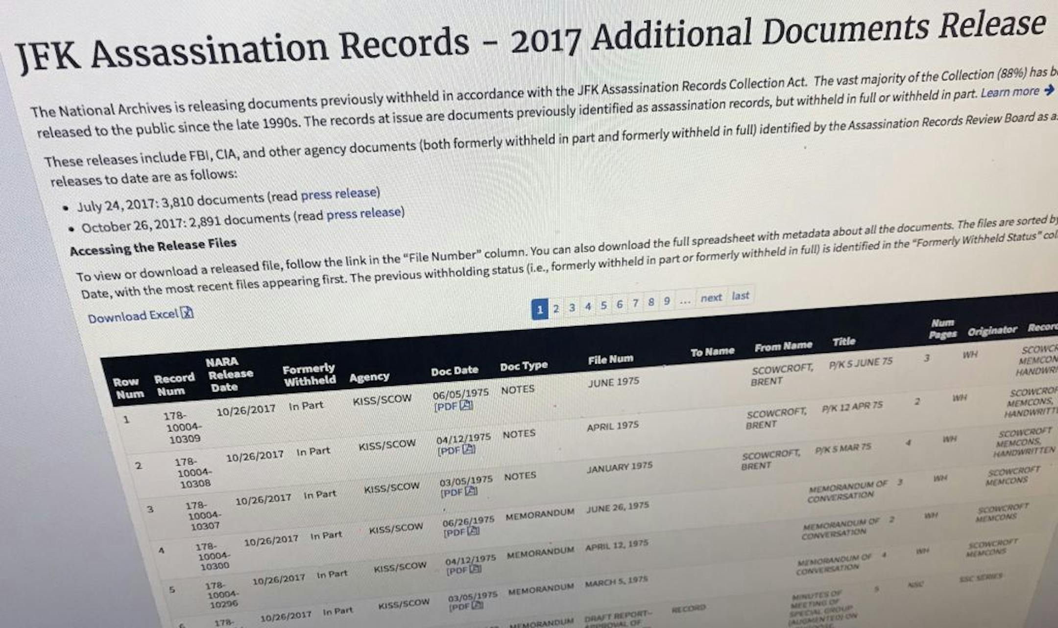 Part of a web page showing the page from the National Archives showing a listing of records released on Thursday, Oct. 26, 2017, in Washington, relating to the assassination of President John F. Kennedy. President Donald Trump blocked the release of hundreds of records on the Kennedy assassination, bending to CIA and FBI appeals, while the National Archives moved to turn over some 2,800 other records.