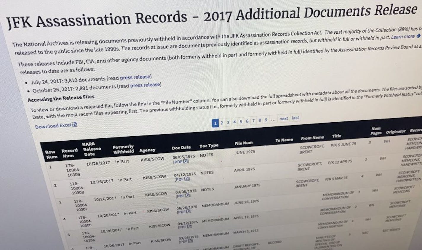 Part of a web page showing the page from the National Archives showing a listing of records released on Thursday, Oct. 26, 2017, in Washington, relating to the assassination of President John F. Kennedy. President Donald Trump blocked the release of hundreds of records on the Kennedy assassination, bending to CIA and FBI appeals, while the National Archives moved to turn over some 2,800 other records.