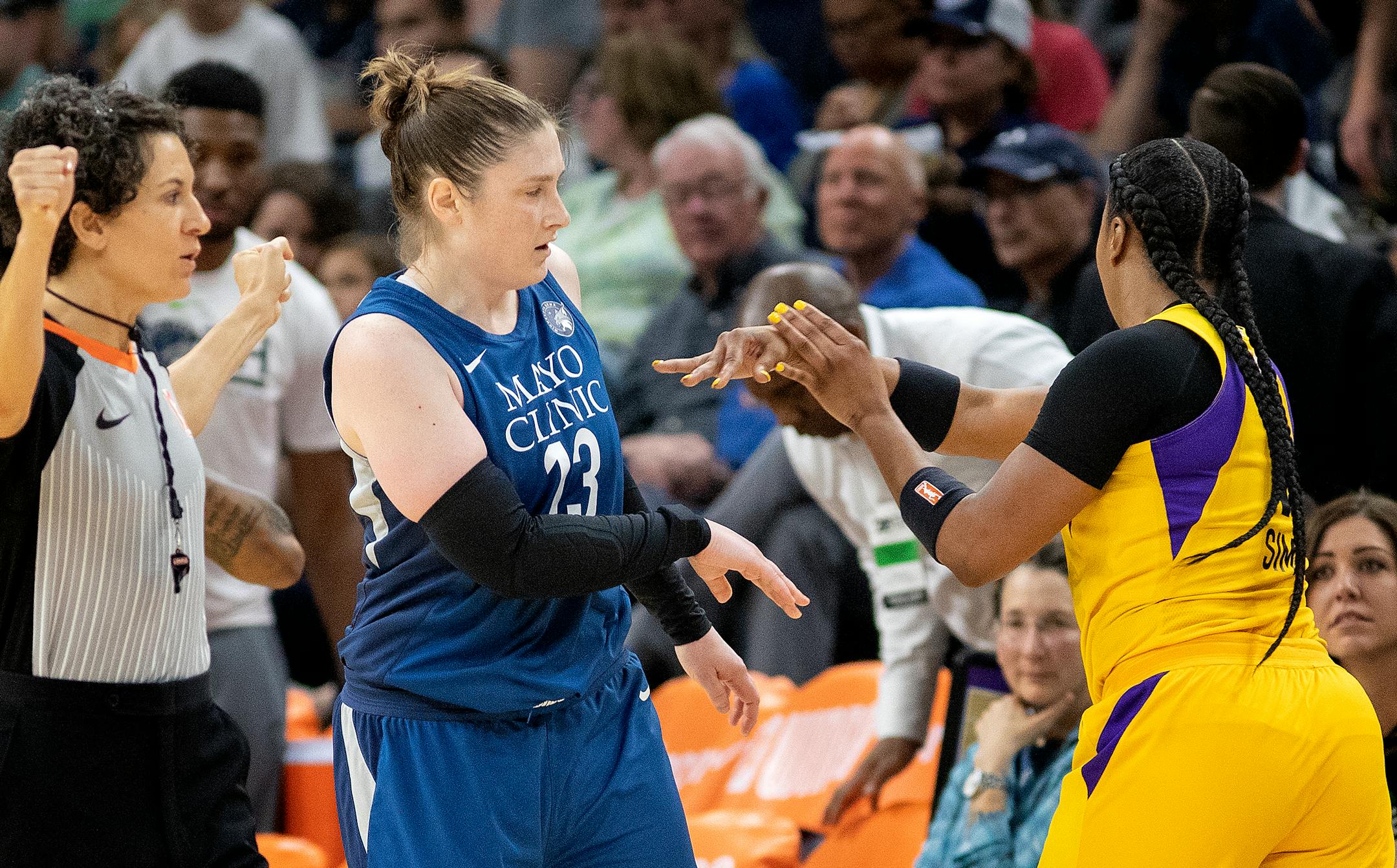 Lindsay Whalen (13) got a push off from Odyssey Sims (1). Both players were called for a double technical foul. ] CARLOS GONZALEZ � cgonzalez@startribune.com � May 20, 2018, Minneapolis, MN, Target Center, WNBA, Minnesota Lynx vs. Los Angeles Sparks