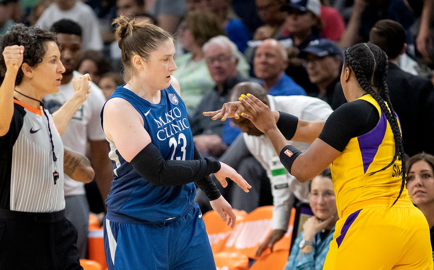 Lindsay Whalen (13) got a push off from Odyssey Sims (1). Both players were called for a double technical foul. ] CARLOS GONZALEZ � cgonzalez@startribune.com � May 20, 2018, Minneapolis, MN, Target Center, WNBA, Minnesota Lynx vs. Los Angeles Sparks