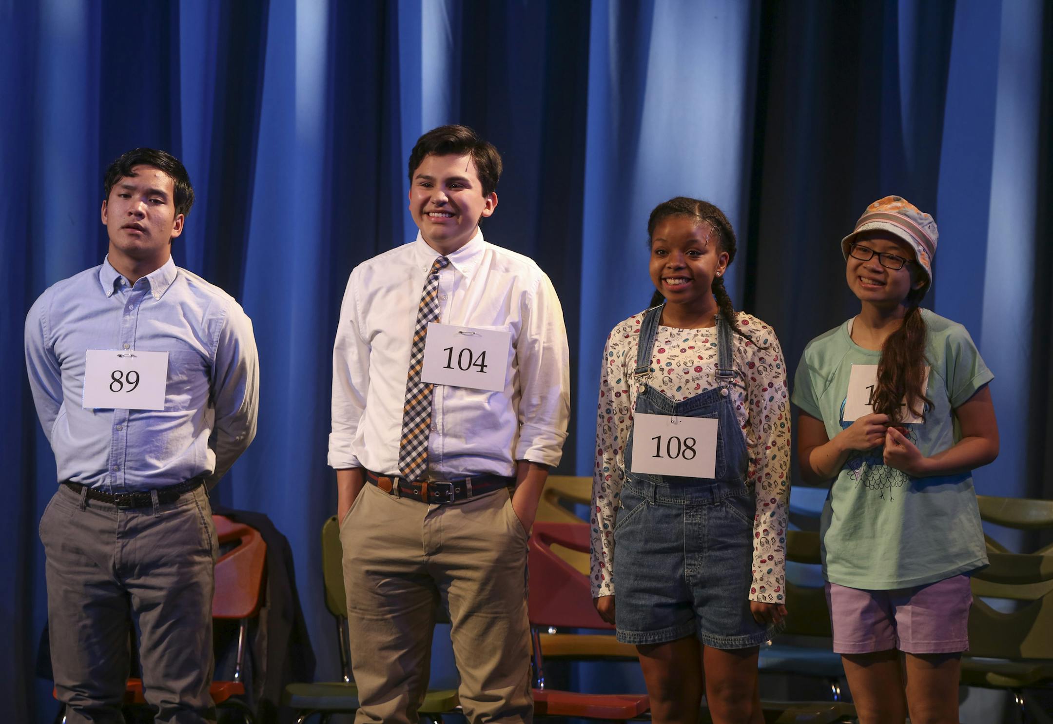 Sean Phinney as Dylan, Leo James as Javier, Johannah Easley as Akeelah and Molly Yeselson as Izzy rehearsed “Akeelah and the Bee” at Children’s Theatre.