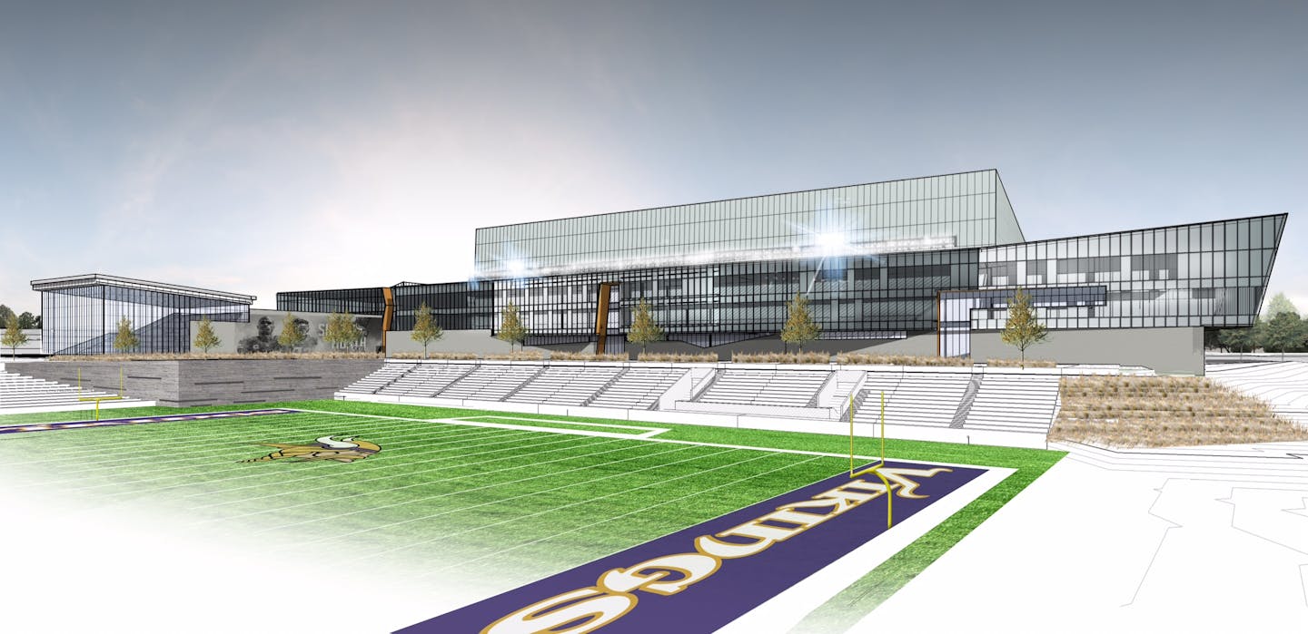 Concept art shows a football field at the proposed new Minnesota Vikings headquarters and practice facility in Eagan.