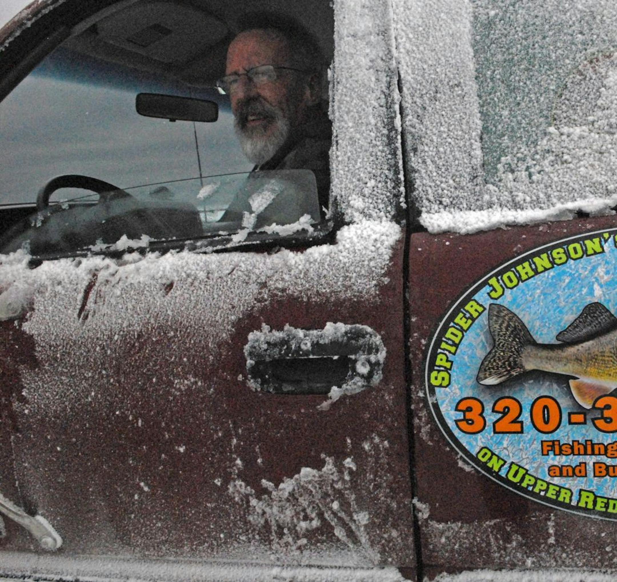 Spider Johnson's plow truck on Upper Red Lake was caked with snow Wednesday morning after winds blew all night, and up to 35 miles per hour, on the lake.