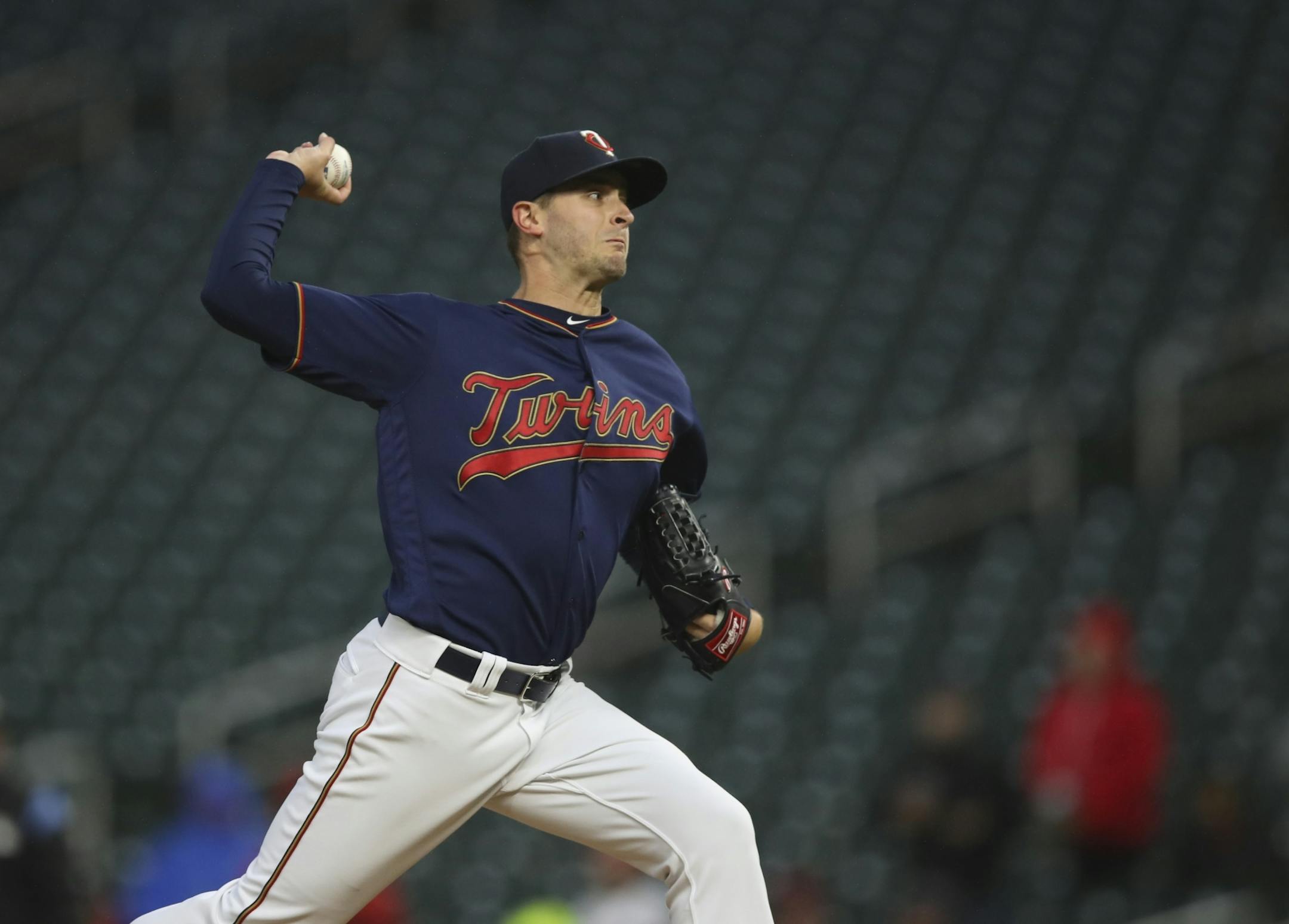Minnesota Twins starting pitcher Jake Odorizzi (12) threw against Toronto in the first inning.