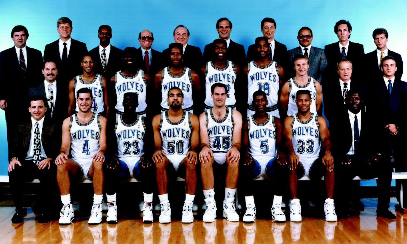 The 1990-1991 Timberwolves had five future NBA head coaches. Front row: Tom Thibodeau, Tyrone Corbin. Second row: Sam Mitchell, Scott Brooks, Eric Musselman. A sixth, Sidney Lowe, played on the 1989-90 team.