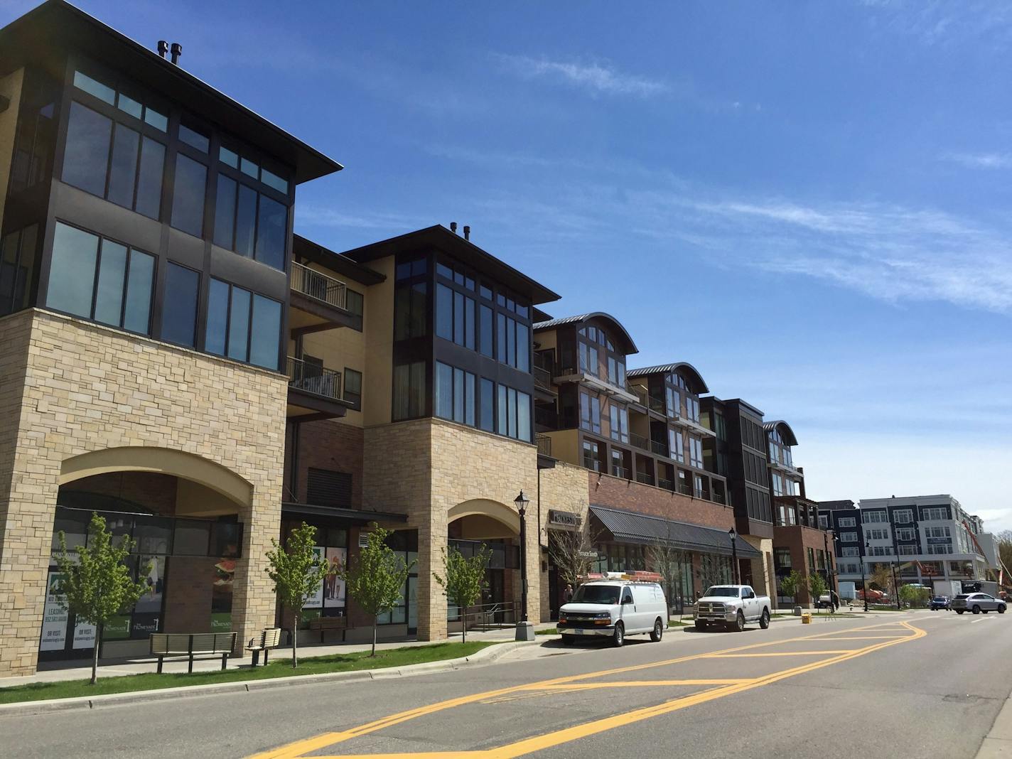 The $342 million redevelopment project, the Promenade of Wayzata, replaced the Wayzata Bay Center. In June 2017, The Landing hotel (far right) will open, marking the fifth and final block in the project.