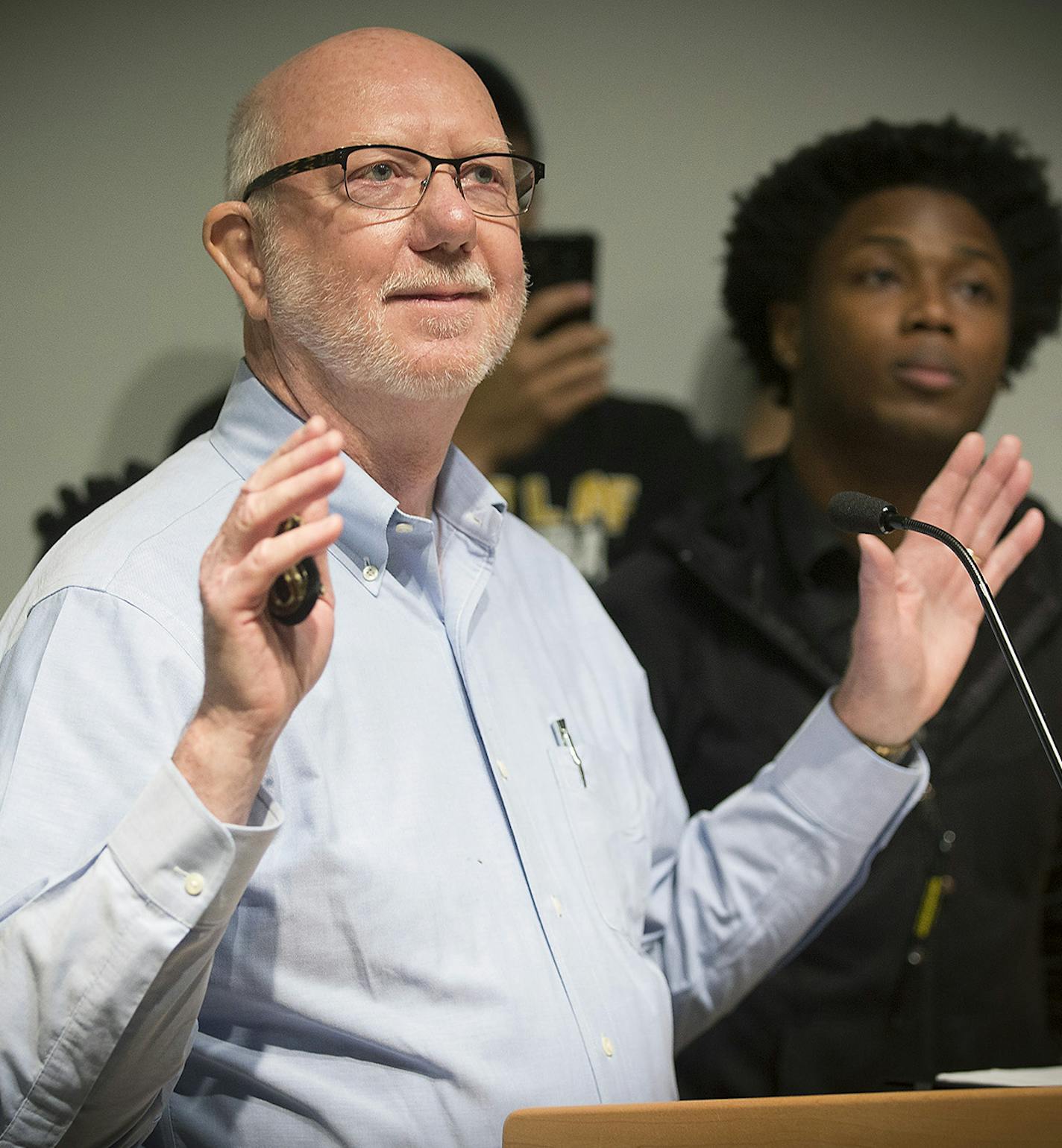 St. Olaf College President David R. Anderson was surrounded by students in the Tomson Hall auditorium that were demanding action and dialogue after numerous acts of incidents of racial hate happened on campus, Monday, May 1, 2017 in Northfield, MN. ] ELIZABETH FLORES &#xef; liz.flores@startribune.com