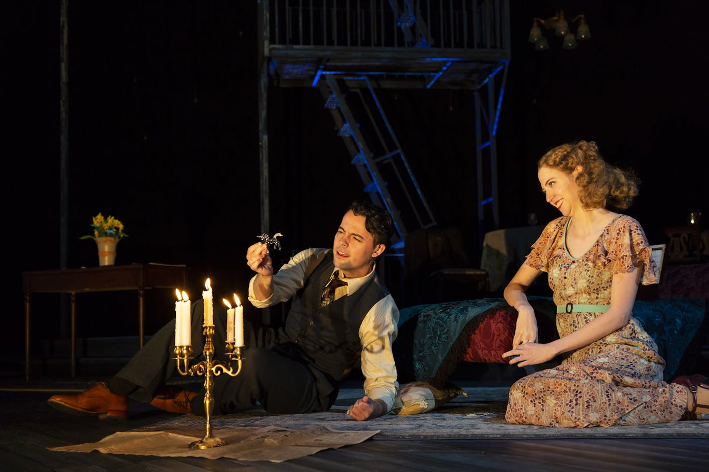 Grayson DeJesus as Jim O'Connor and Carey Cox as Laura Wingfield in "The Glass Menagerie" at the Guthrie Theater.