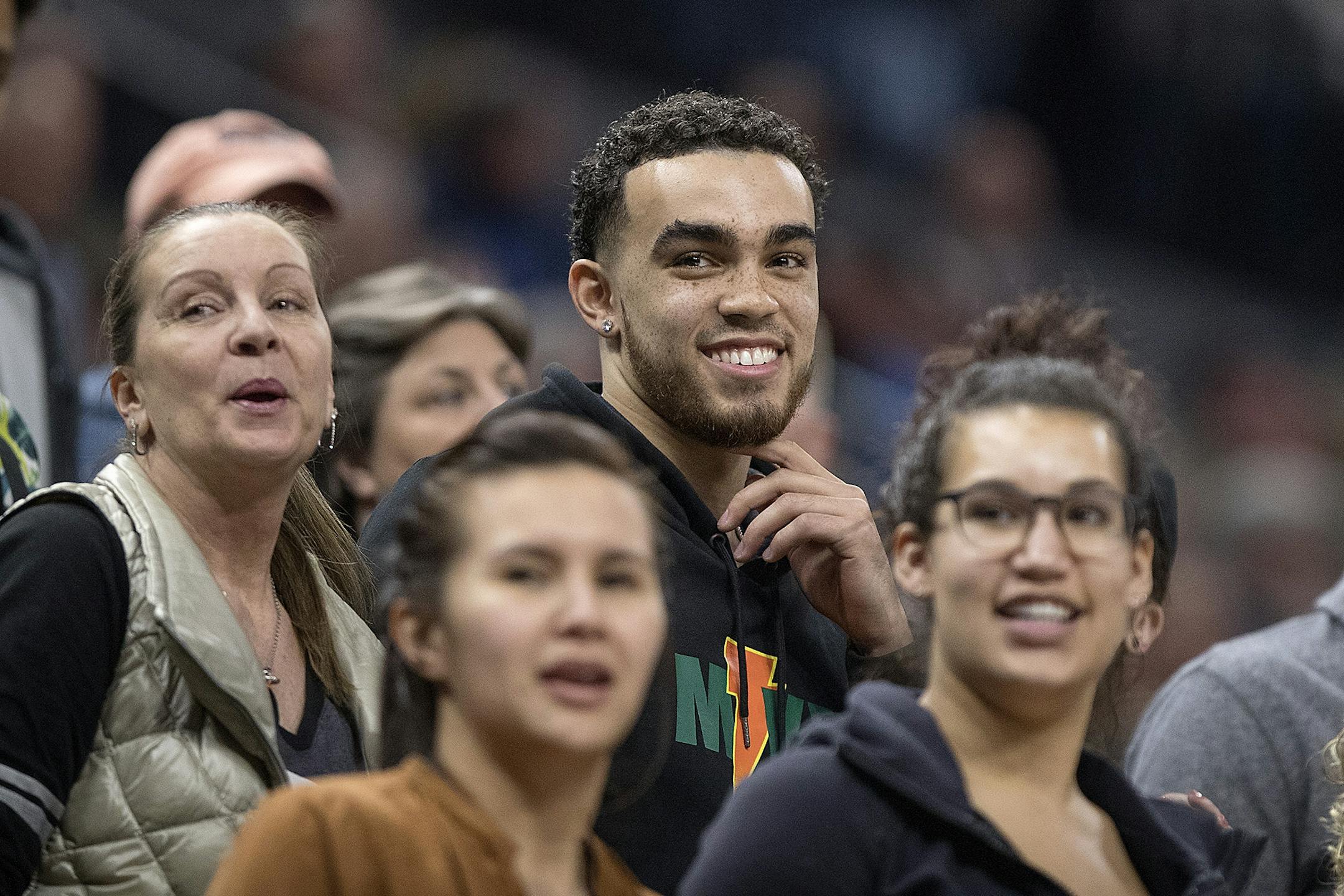 Minnesota Timberwolves' Tyus Jones was on hand to watch his little brother Apple Valley's Tre Jones play as they took on Forest Lake in a Class 4A quarterfinal at Target Center, Wednesday, March 21, 2018 in Minneapolis, MN.