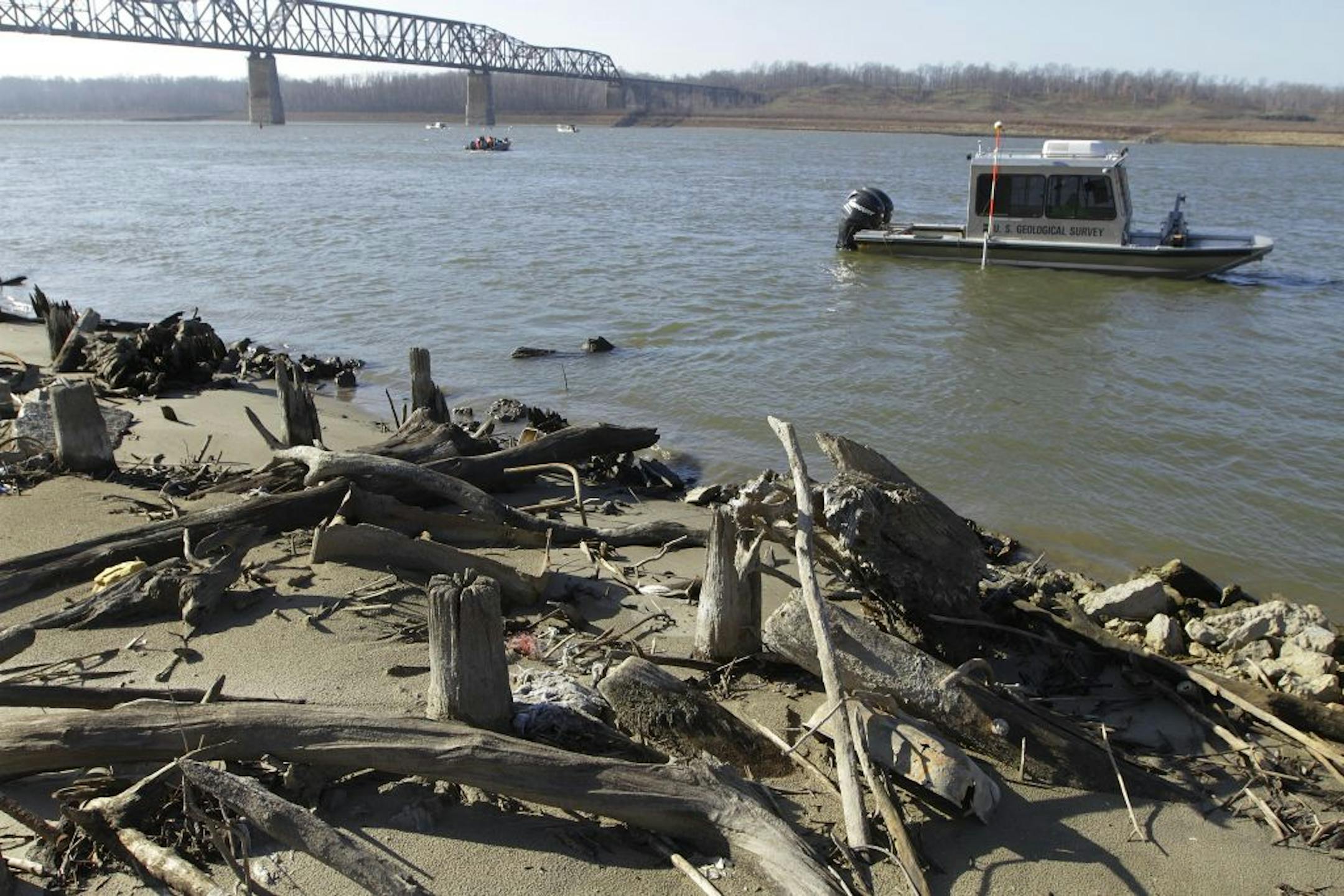 A U.S. Geological Survey boat monitored dredging operations conducted in mid-December to deepen the Mississippi River at Thebes, Ill.