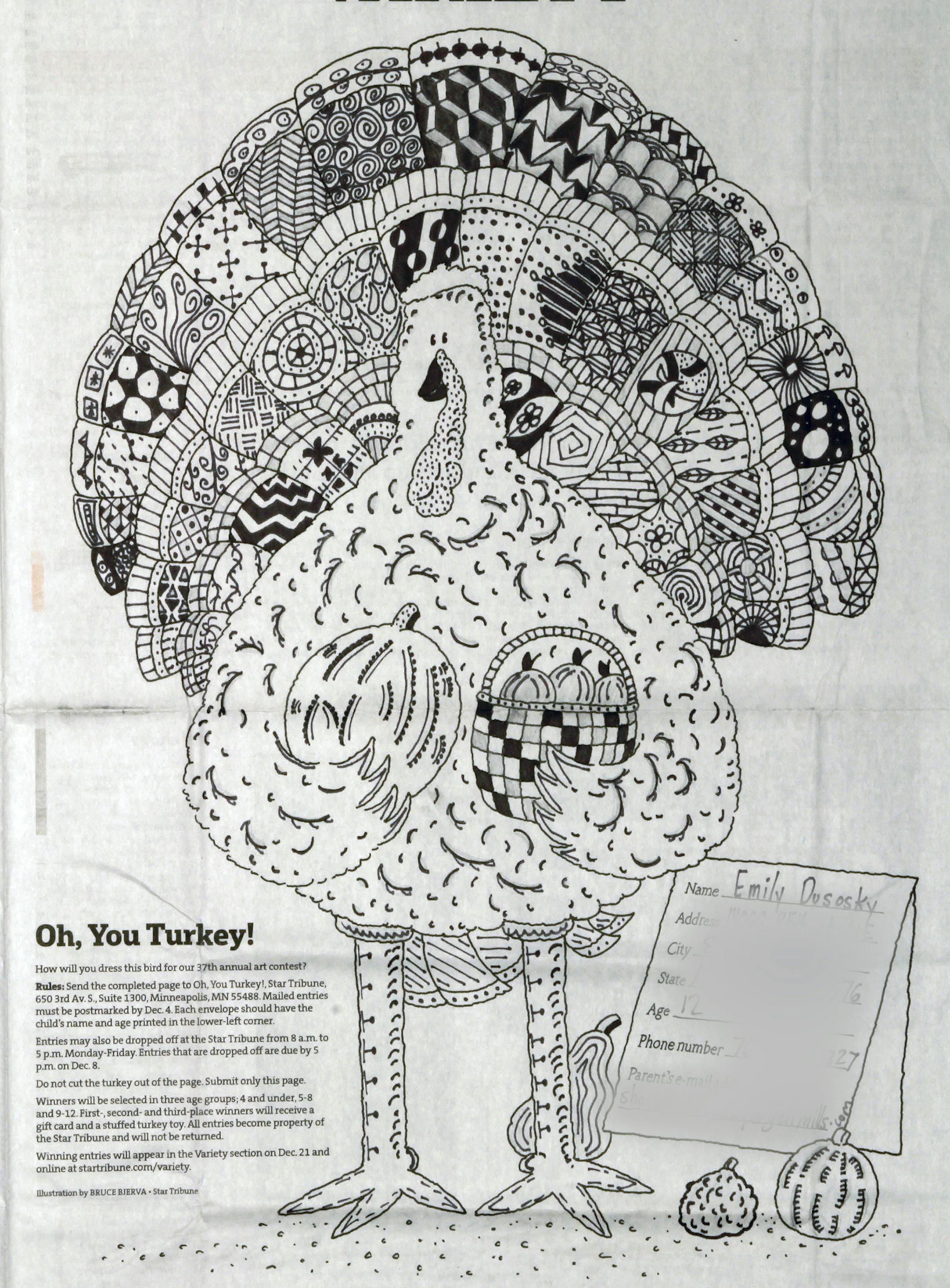 2015 'oh you turkey' winners - Emily Dusosky, age 12 St. Michael, MN