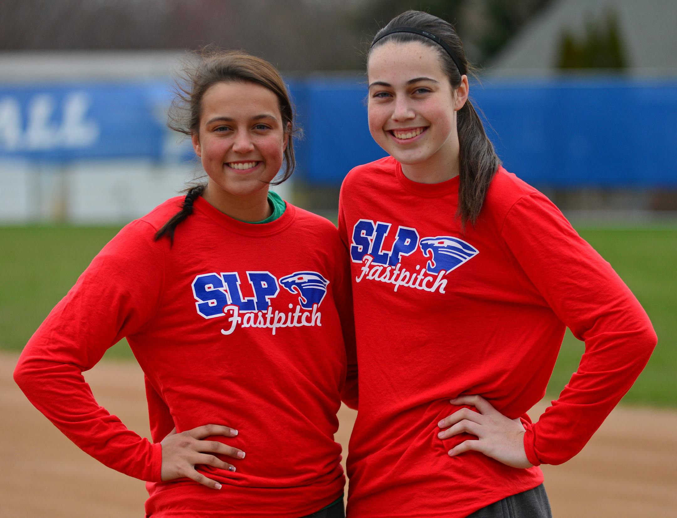 Alyssa Jones with her sister Halley during practice] Alyssa and Halley Jones are the Spring Lake Park tandem Pitcher and Catcher on the Fast Pitch softball team. Richard.Sennott@startribune.com Richard Sennott/Star Tribune Spring Lake Park Minn. Thursday 5/01/2014) ** (cq)
