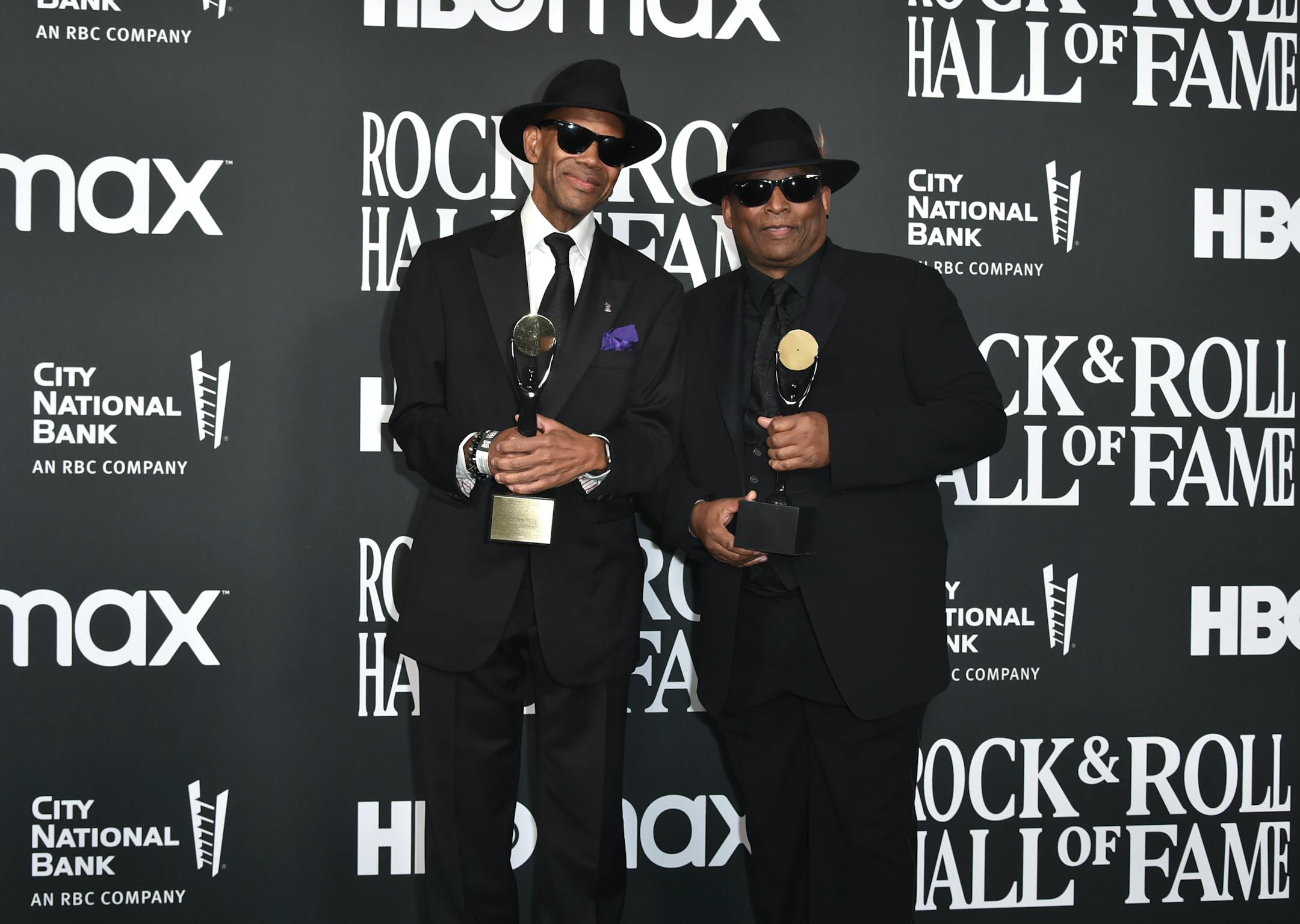 Inductees Jimmy Jam, left, and Terry Lewis pose in the press room during the Rock &amp; Roll Hall of Fame Induction Ceremony on Saturday, Nov. 5, 2022, at the Microsoft Theater in Los Angeles. (Photo by Richard Shotwell/Invision/AP)