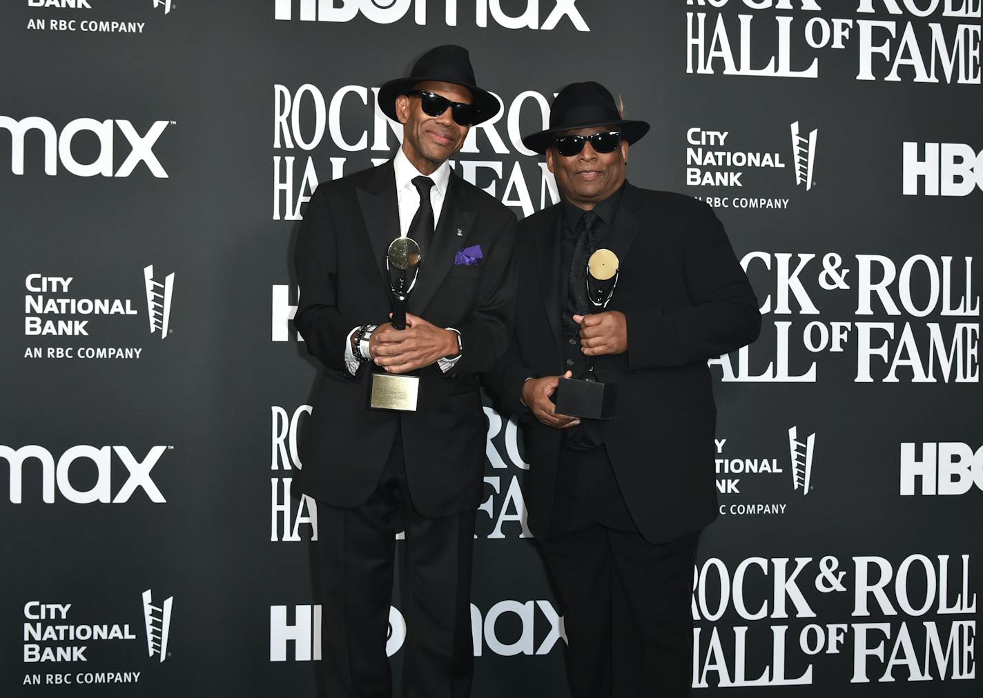 Inductees Jimmy Jam, left, and Terry Lewis pose in the press room during the Rock &amp; Roll Hall of Fame Induction Ceremony on Saturday, Nov. 5, 2022, at the Microsoft Theater in Los Angeles. (Photo by Richard Shotwell/Invision/AP)