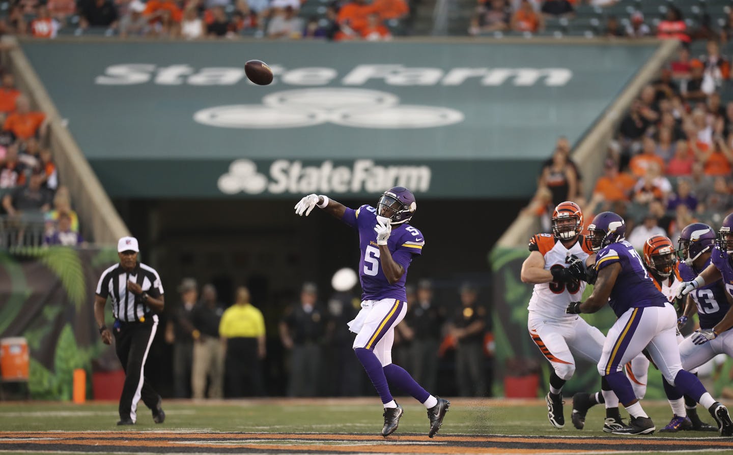 Minnesota Vikings quarterback Teddy Bridgewater (5) unloaded a 49 yard touchdown pass to wide receiver Charles Johnson in the second quarter Friday night in Cincinnati.