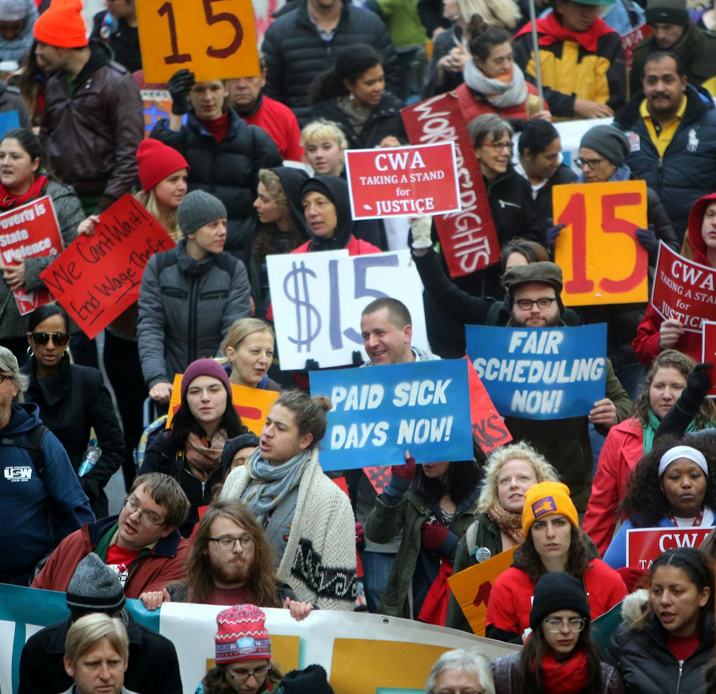 Lives Matter Minneapolis, CTUL, NOC, $15Now, and Black Lives Matter Chapters marched in downtown Minneapolis to bring to the forefront their concerns over unfair scheduling practices, low wages, and paid Tuesday, Nov. 10, 2015, in Minneapolis, MN. Here, seen from a skyway, marchers head south on 6th St. S, near City Hall. ](DAVID JOLES/STARTRIBUNE)djoles@startribune.com Lives Matter Minneapolis, CTUL, NOC, $15Now, and Black Lives Matter Chapters marched in downtown Minneapolis to bring to the fo