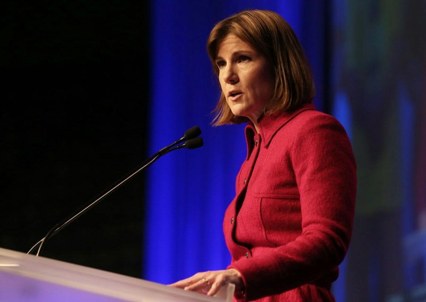 Minnesota Attorney General Lori Swanson addresses the Minnesota Democratic-Farmer-Labor Party Convention after she was endorsed for reelection by acclimation, Saturday, May 31, 2014, in Duluth, Minn. (AP Photo/Jim Mone) ORG XMIT: MIN2014053117124571