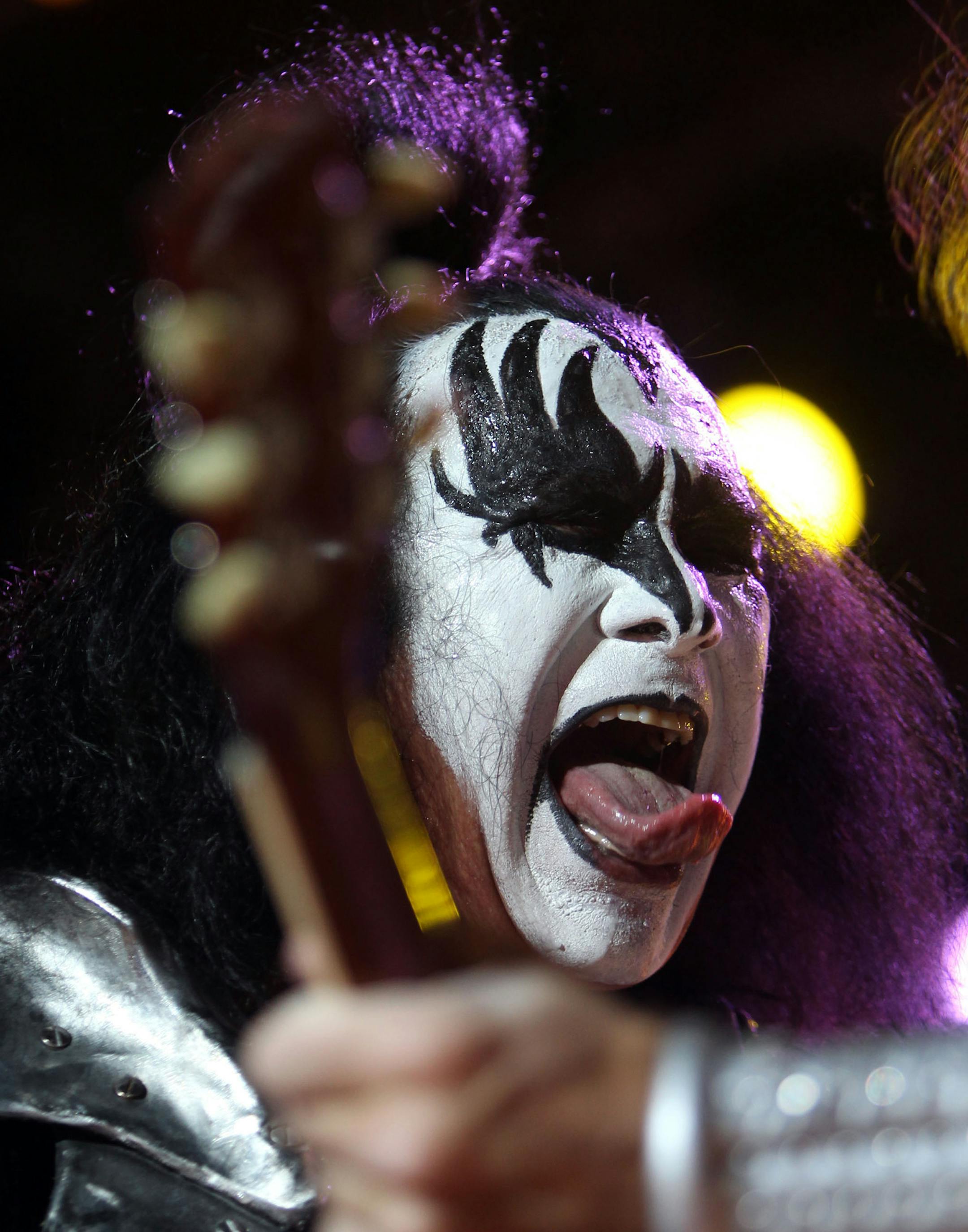 DAVID JOLES • djoles@startribune.com - St. Paul, MN - Sept 4, 2010- KISS headlined the Minnesota State Fair grandstand. In this photo] Bassist Gene Simmons flashed his trademark tongue.