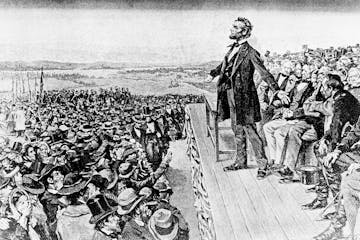 This undated illustration depicts President Abraham Lincoln making his Gettysburg Address at the dedication of the national cemetery on the battlefiel